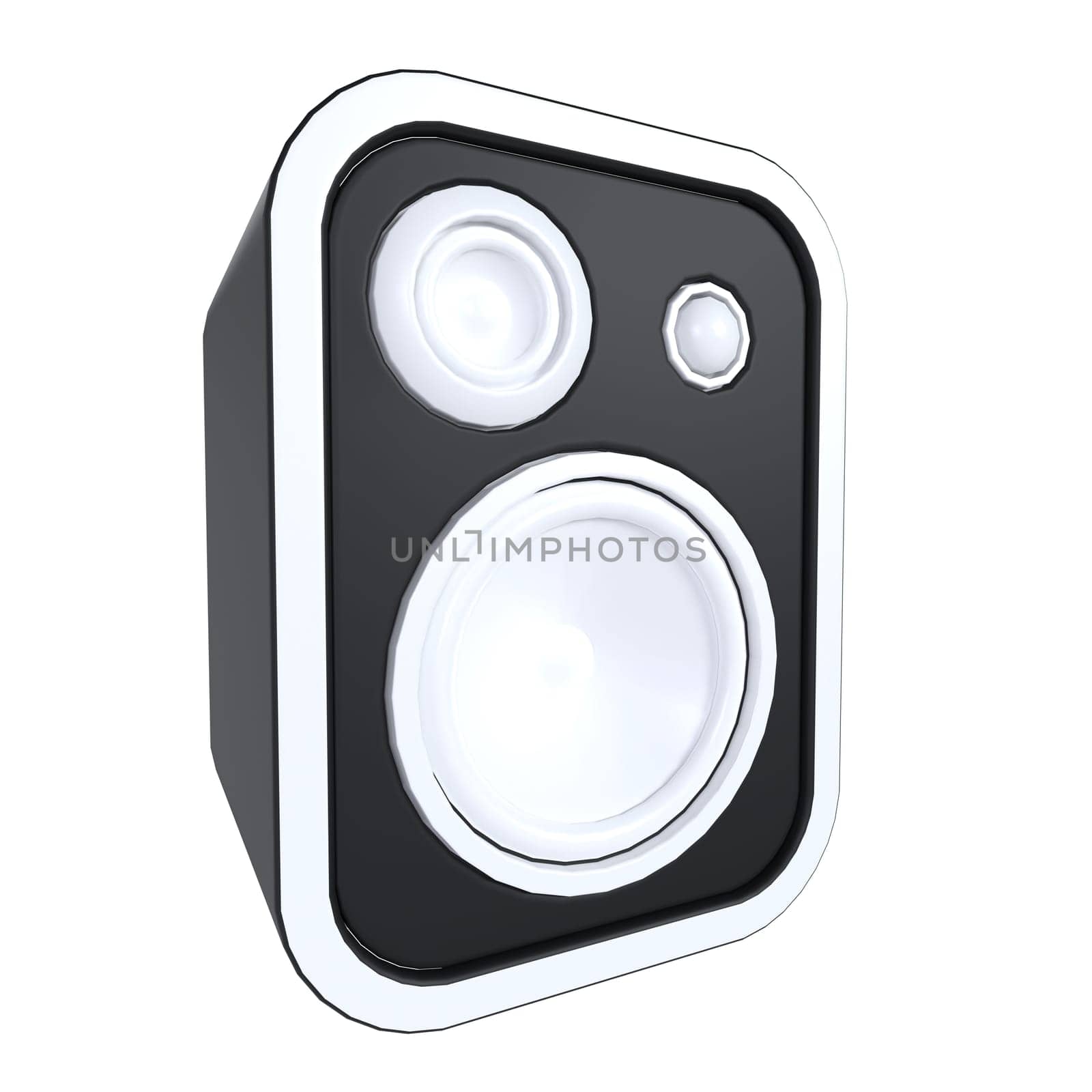A modern audio speaker with a sleek black and white design showcasing dual drivers.