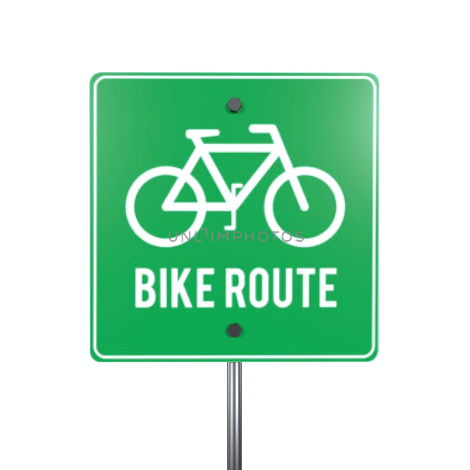 A 3D rendering of a green sign indicating a designated bike route for cyclists.