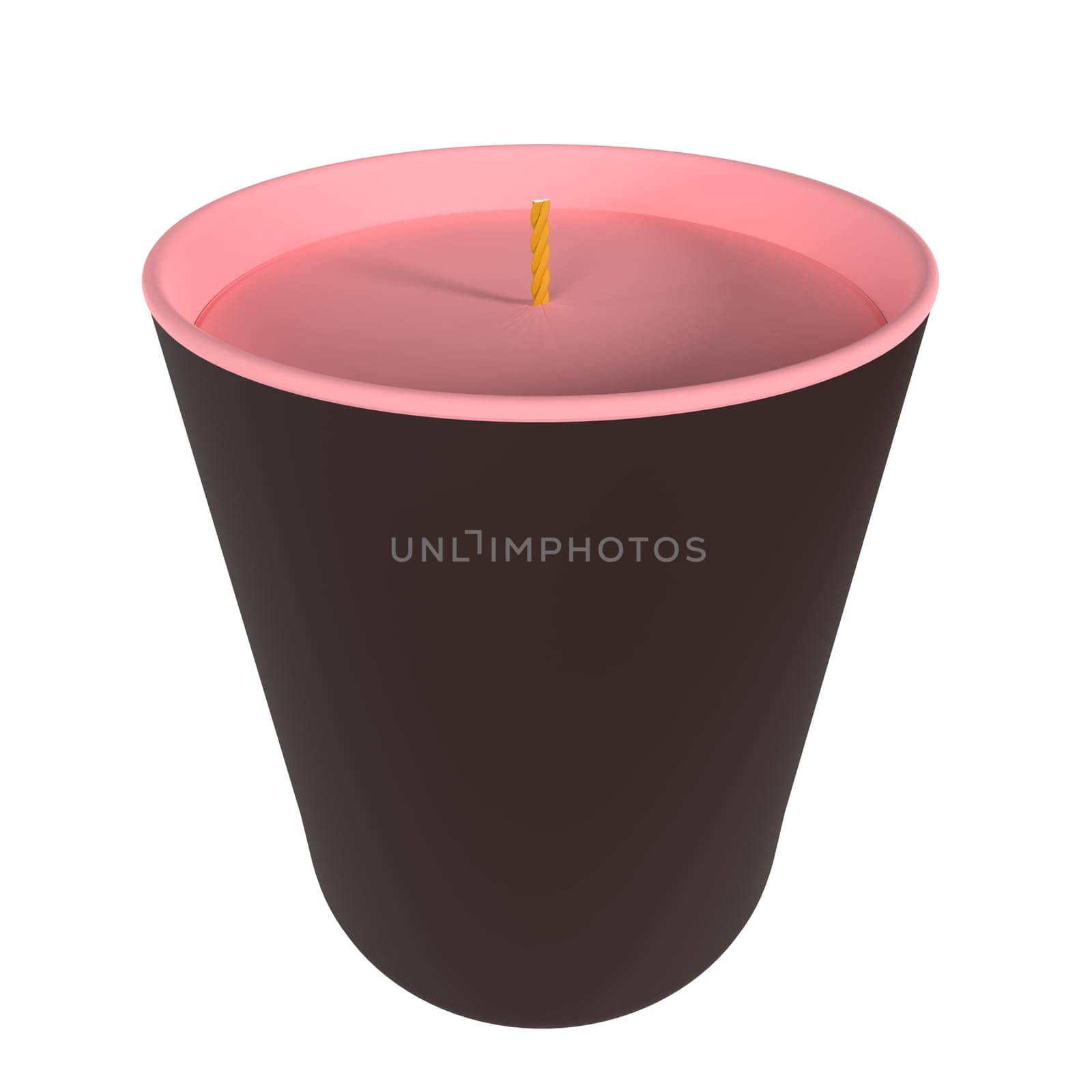 A candle in a black container with a pink interior and a yellow wick is presented.