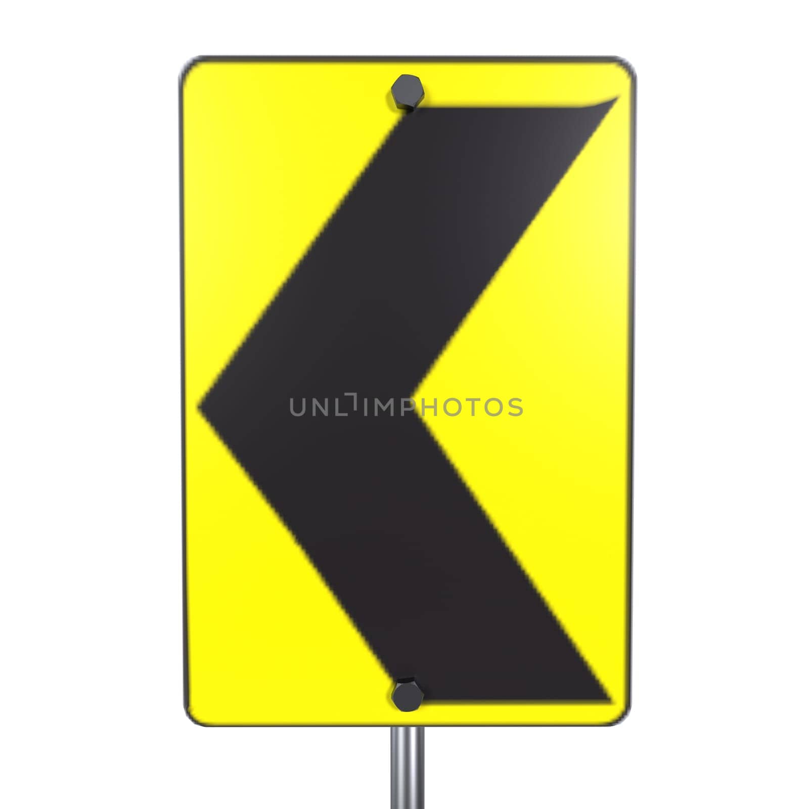 A bright yellow sign warns drivers to slow down for a left curve ahead.