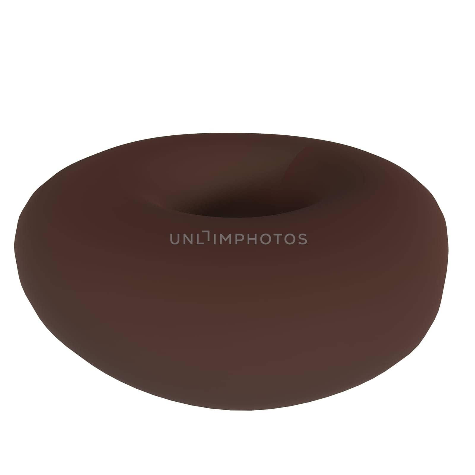 A detailed representation of a chocolate donut with a smooth surface sitting on white.
