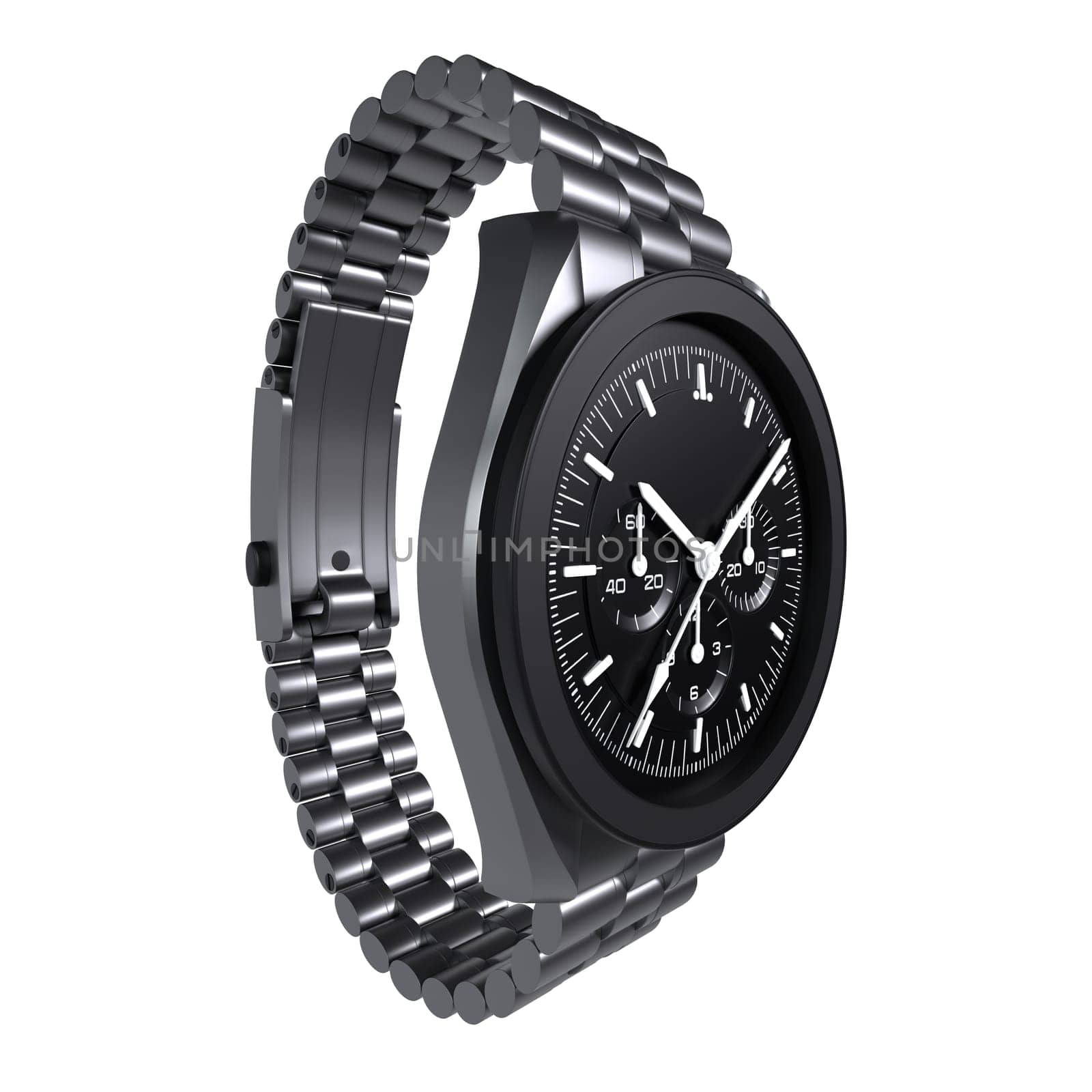 A sleek black chronograph watch with a metallic band is displayed in 3D.