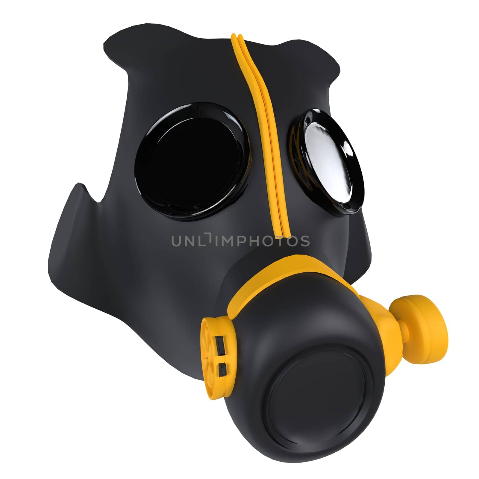 A detailed 3D rendering of a gas mask featuring black and yellow design elements.