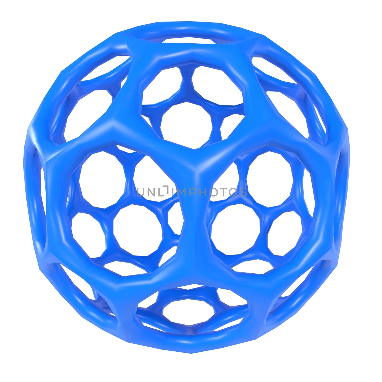 A blue geometric structure with hexagonal openings showcases modern 3D design.