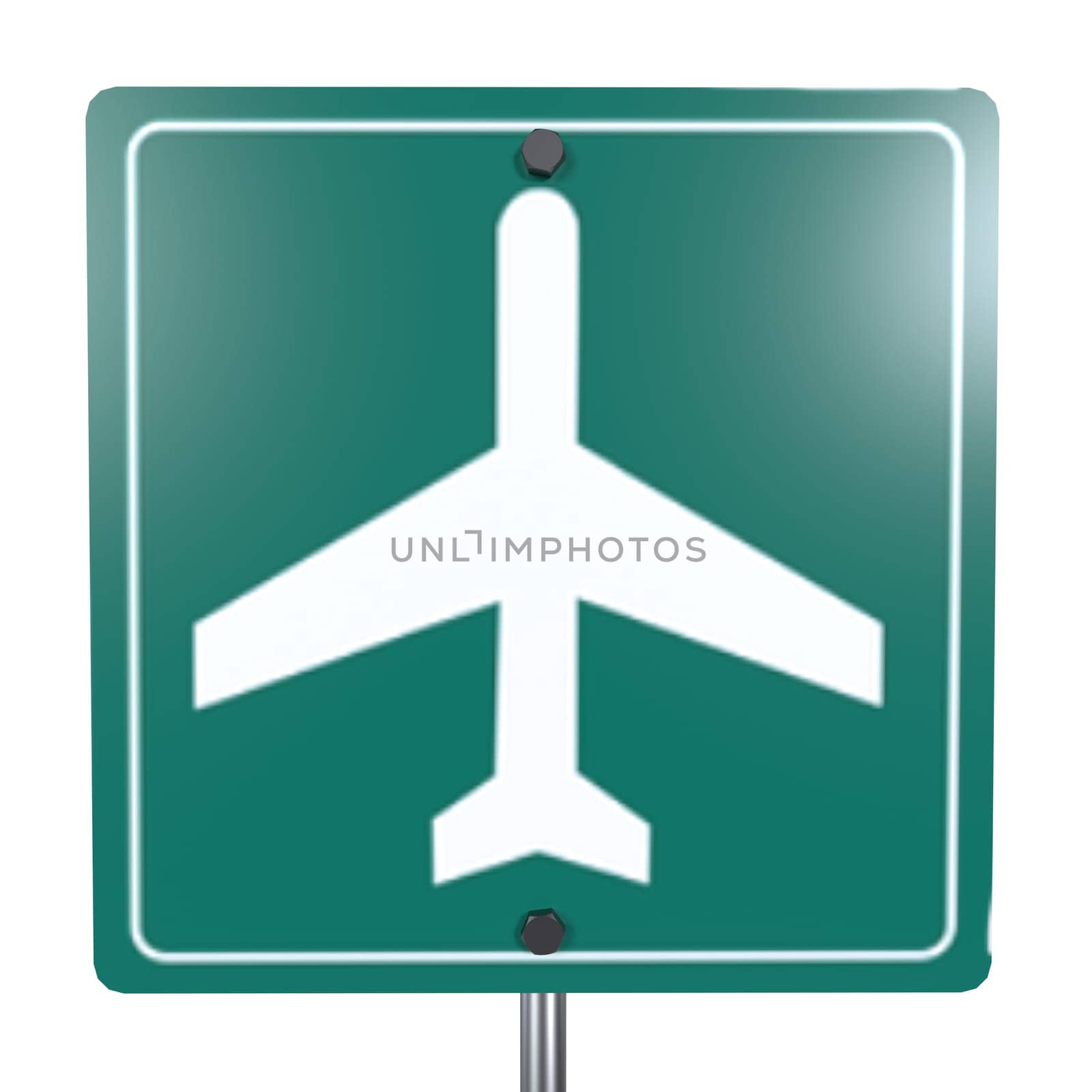 A green sign displays a white airplane silhouette, indicating proximity to an airport.