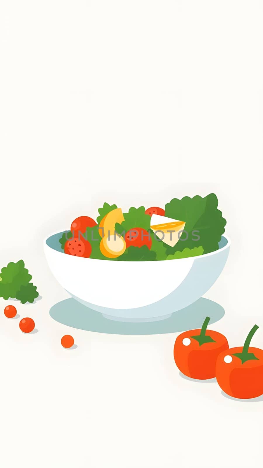 A vibrant bowl of fresh salad featuring lettuce, tomatoes, and other colorful vegetables sits against a light background, showcasing the healthy ingredients and inviting presentation.