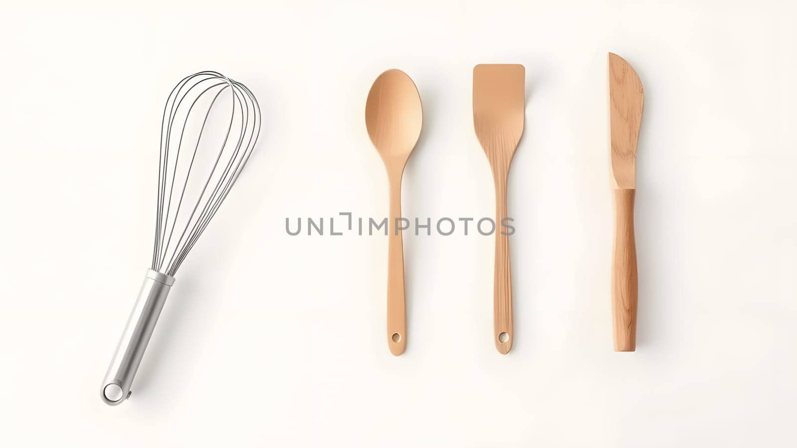 A stainless steel whisk and three wooden spatulas are displayed neatly on a light-colored countertop, ready for various cooking tasks in a kitchen setting.