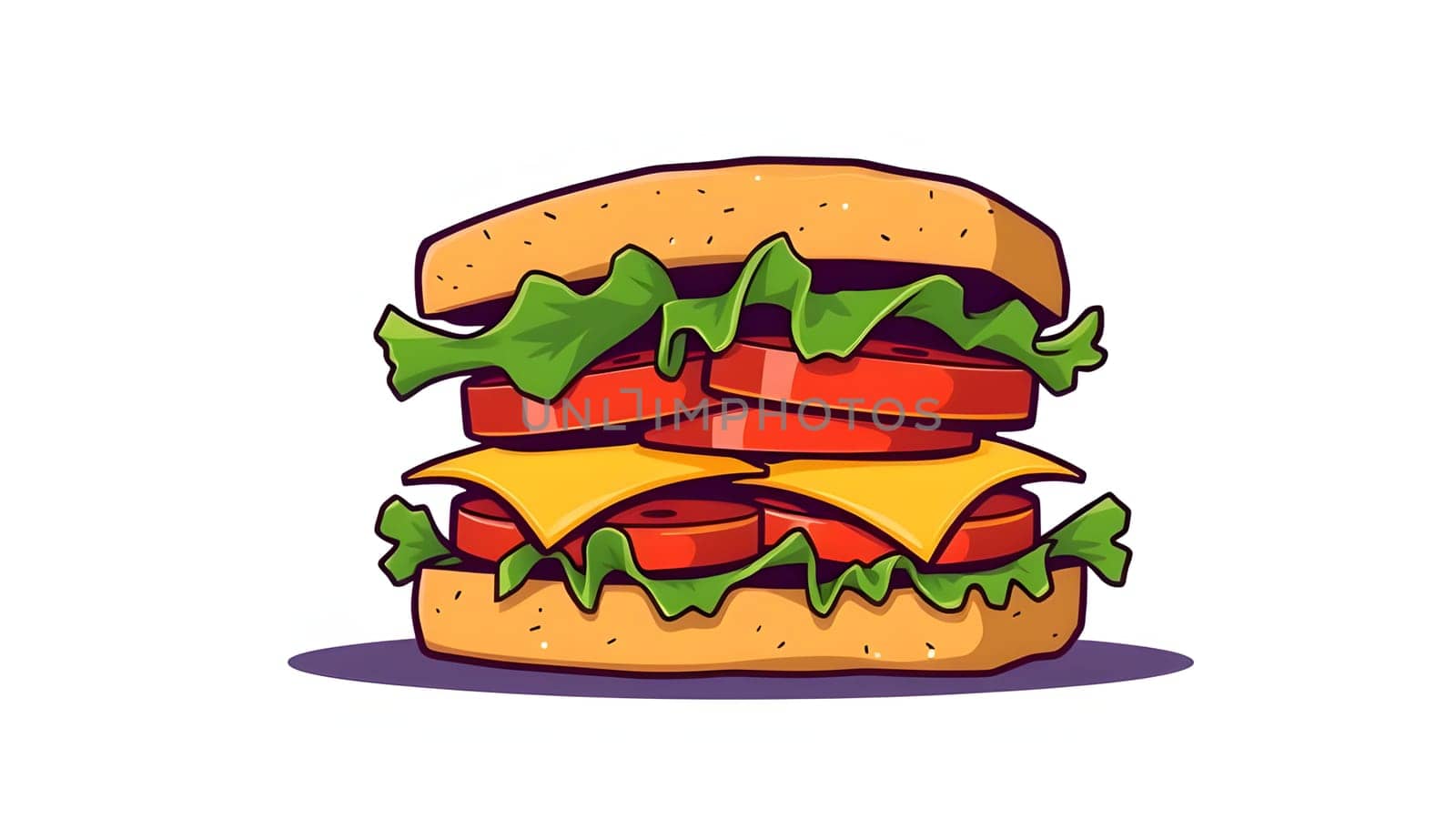 A vibrant cartoon-style sandwich showcases layers of fresh lettuce, thick slices of tomato, and two slices of cheese, all stacked between a toasted bun.