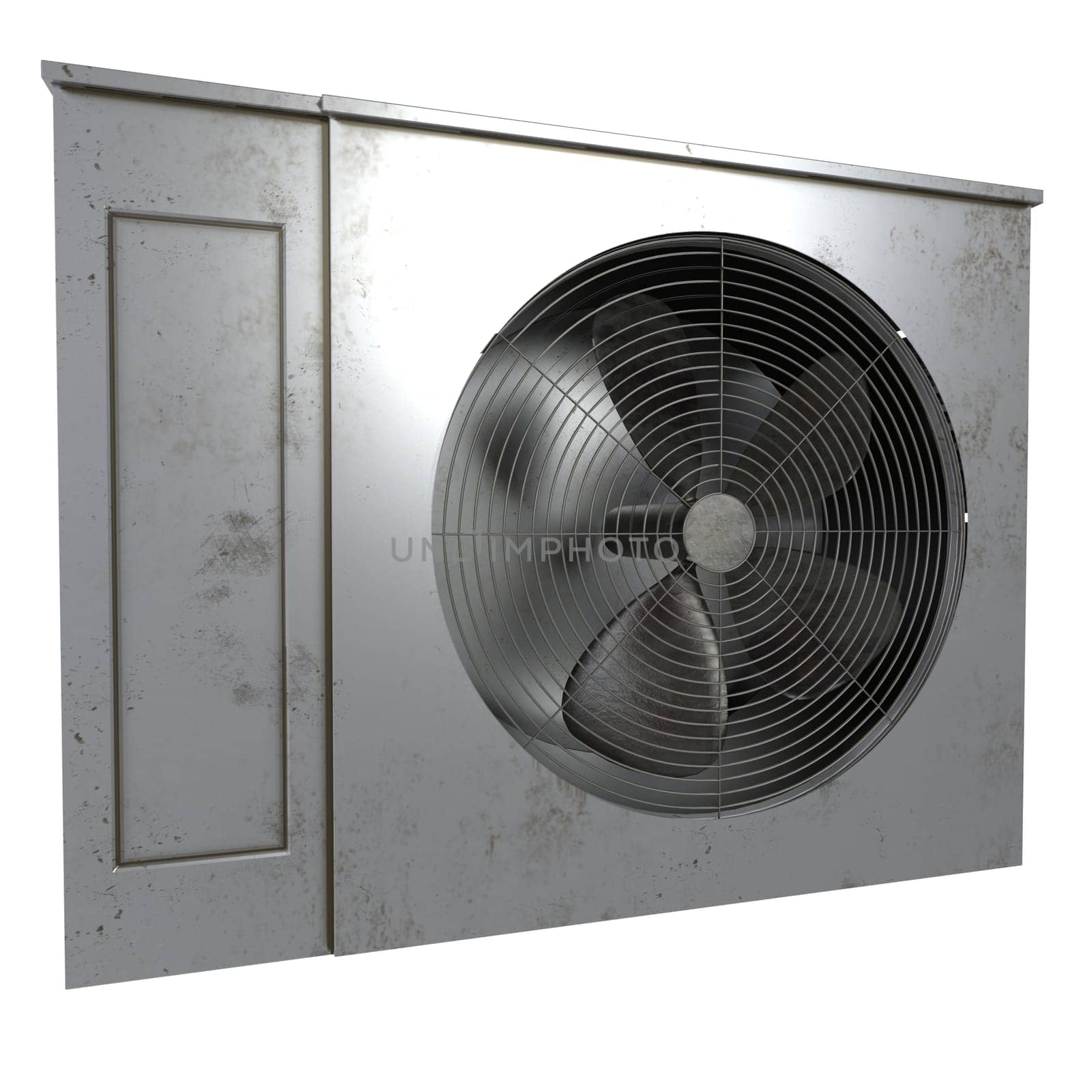 The rendering showcases a stylish industrial wall fan with a vintage look, highlighting details.