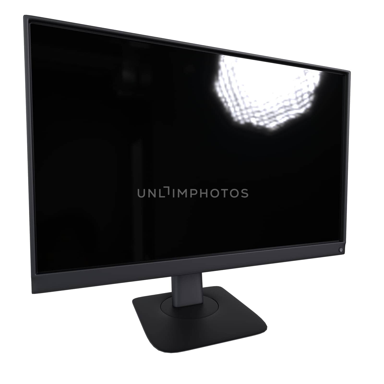 A sleek black computer monitor sits on a stand in a bright, contemporary studio.