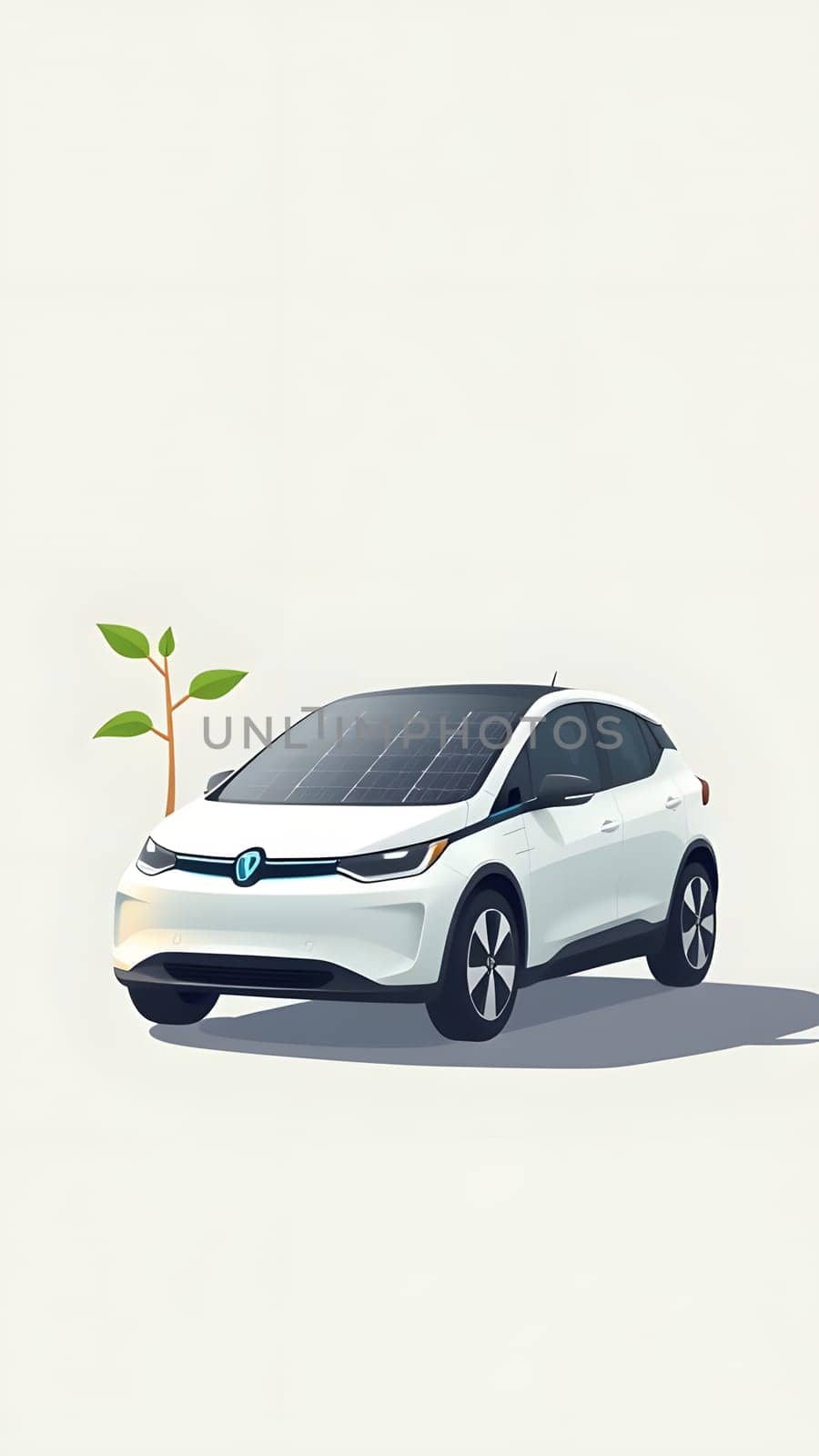 A sleek, modern electric vehicle features a solar panel on its roof, alongside a small green plant, symbolizing environmental consciousness and innovation in sustainable transport.
