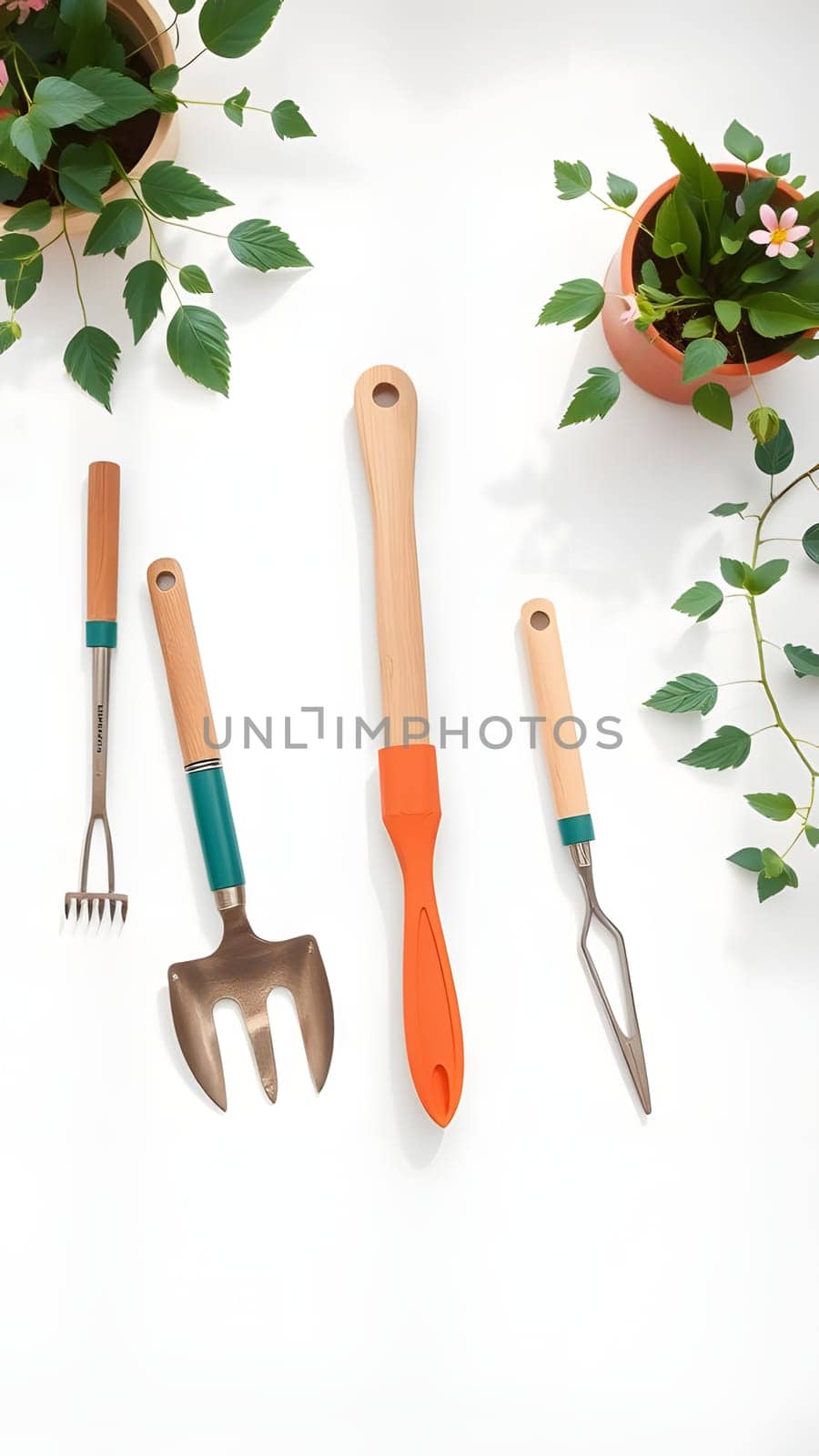 A set of gardening tools including a trowel, cultivator, hand rake, and a weeder are neatly placed on a table, surrounded by vibrant potted plants in bright, natural light.