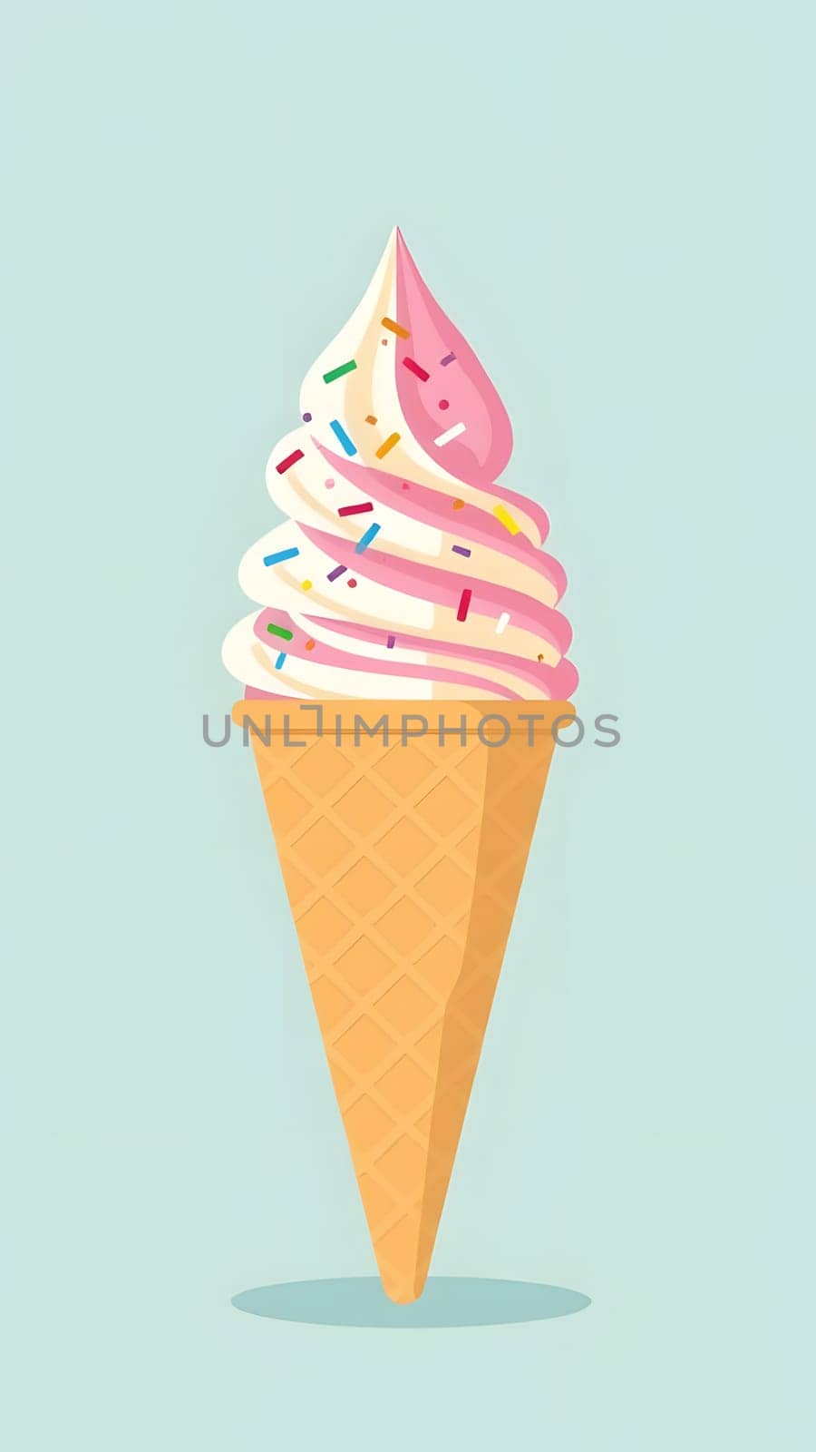 A delightful ice cream cone features a creamy swirl of pink and white ice cream, topped with colorful sprinkles. The treat is presented against a soft pastel background.