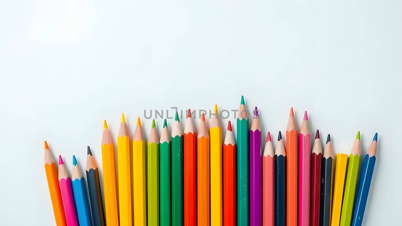 A vibrant collection of sharpened colored pencils is neatly arranged on a plain white surface, showcasing a spectrum of colors that inspires creativity and artistic expression.