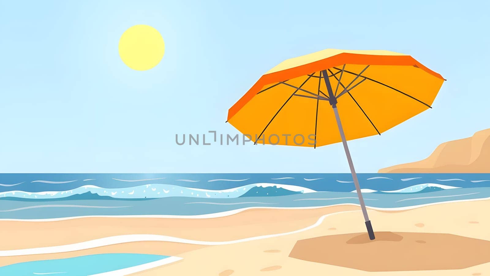 A colorful yellow umbrella is planted in the soft sand, offering shade against the bright sun. Gentle waves lap at the shore on a serene beach day, enhancing the tranquil atmosphere.