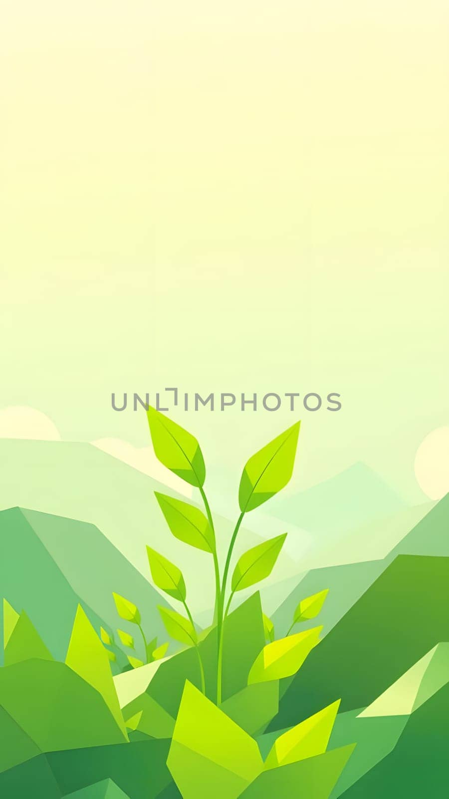 Fresh green leaves emerge from the ground amidst a tranquil landscape, with soft mountains rising in the background under a gentle sky, symbolizing growth and harmony in nature.