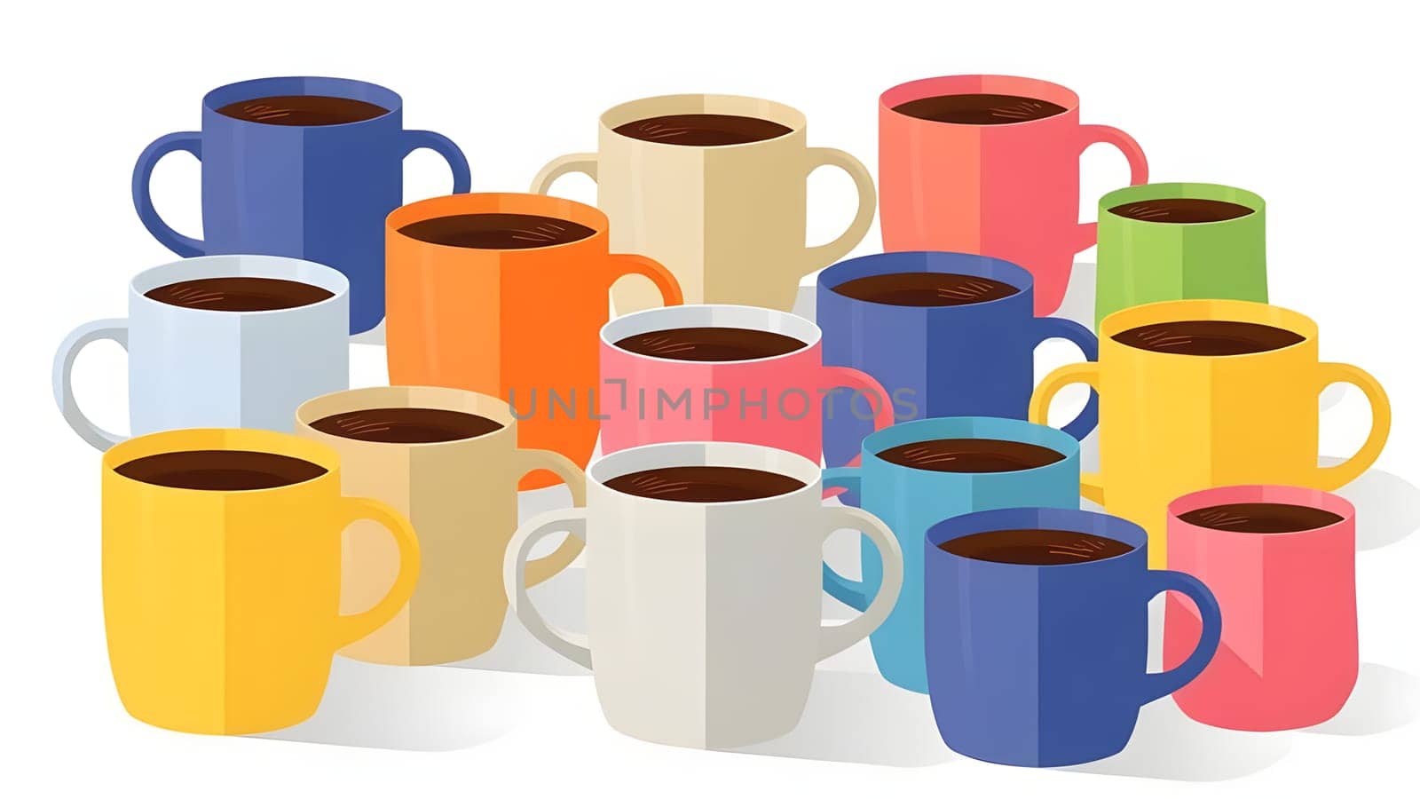 A variety of coffee mugs in different vibrant colors are neatly arranged. Each cup holds a rich, dark liquid, creating a lively and inviting atmosphere for coffee lovers.