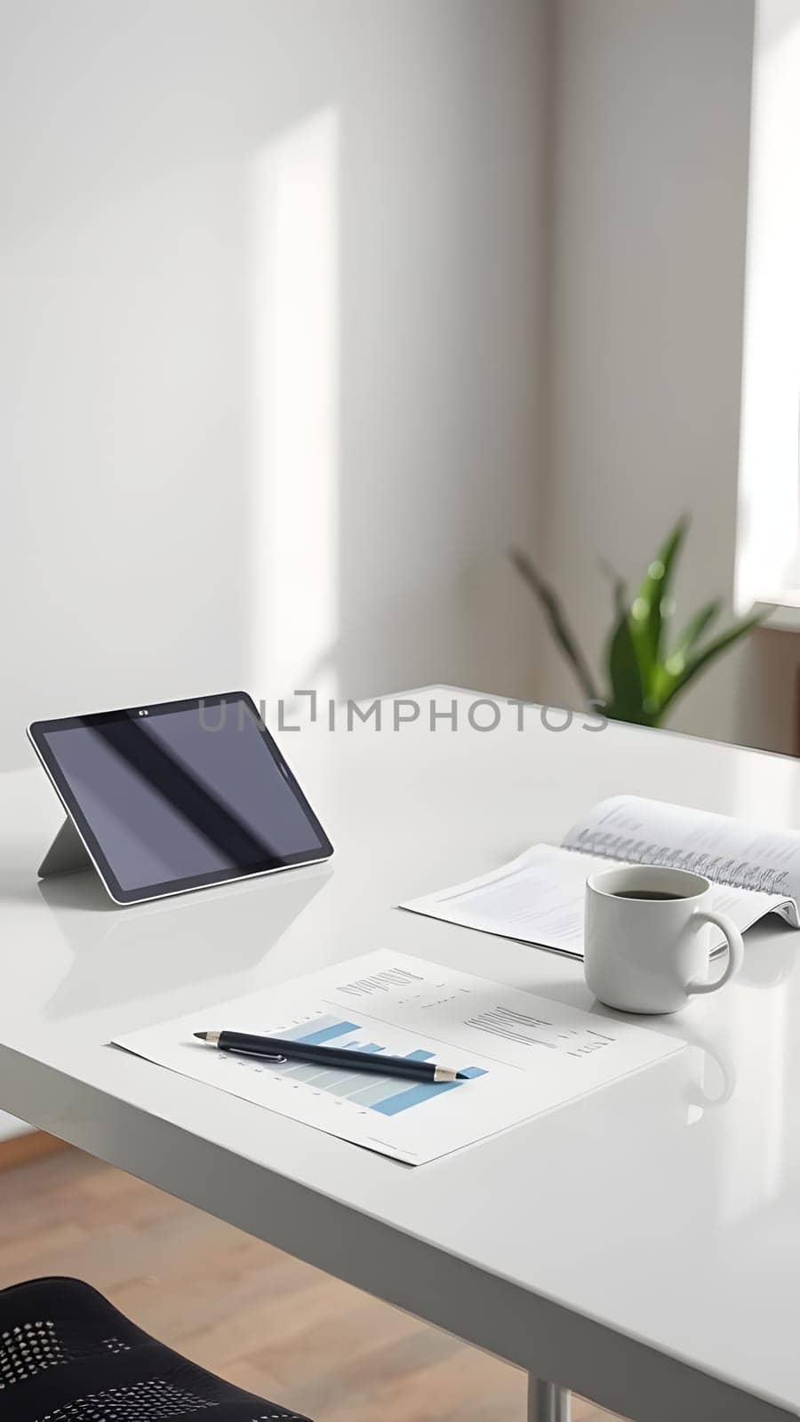 A minimalist workspace features a tablet on a stand, an open notebook, a mug, and a plant placed in a bright and airy room, creating an inspiring atmosphere for productivity.