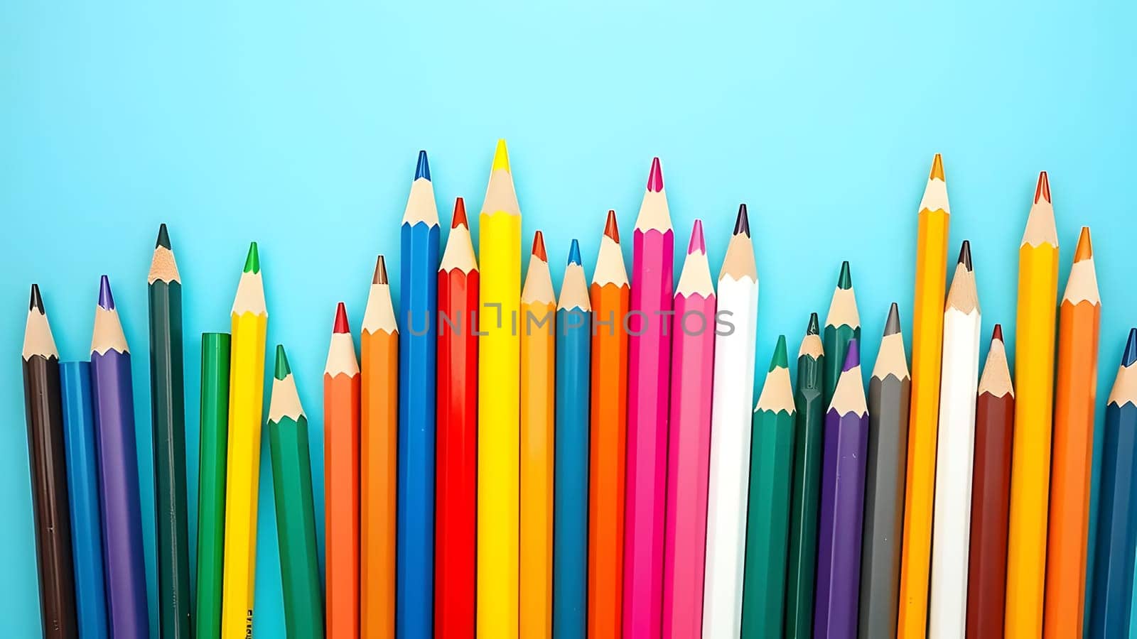 A colorful assortment of colored pencils stands upright against a light blue backdrop, showcasing a spectrum of vibrant hues and sharpened tips ideal for creative art projects.