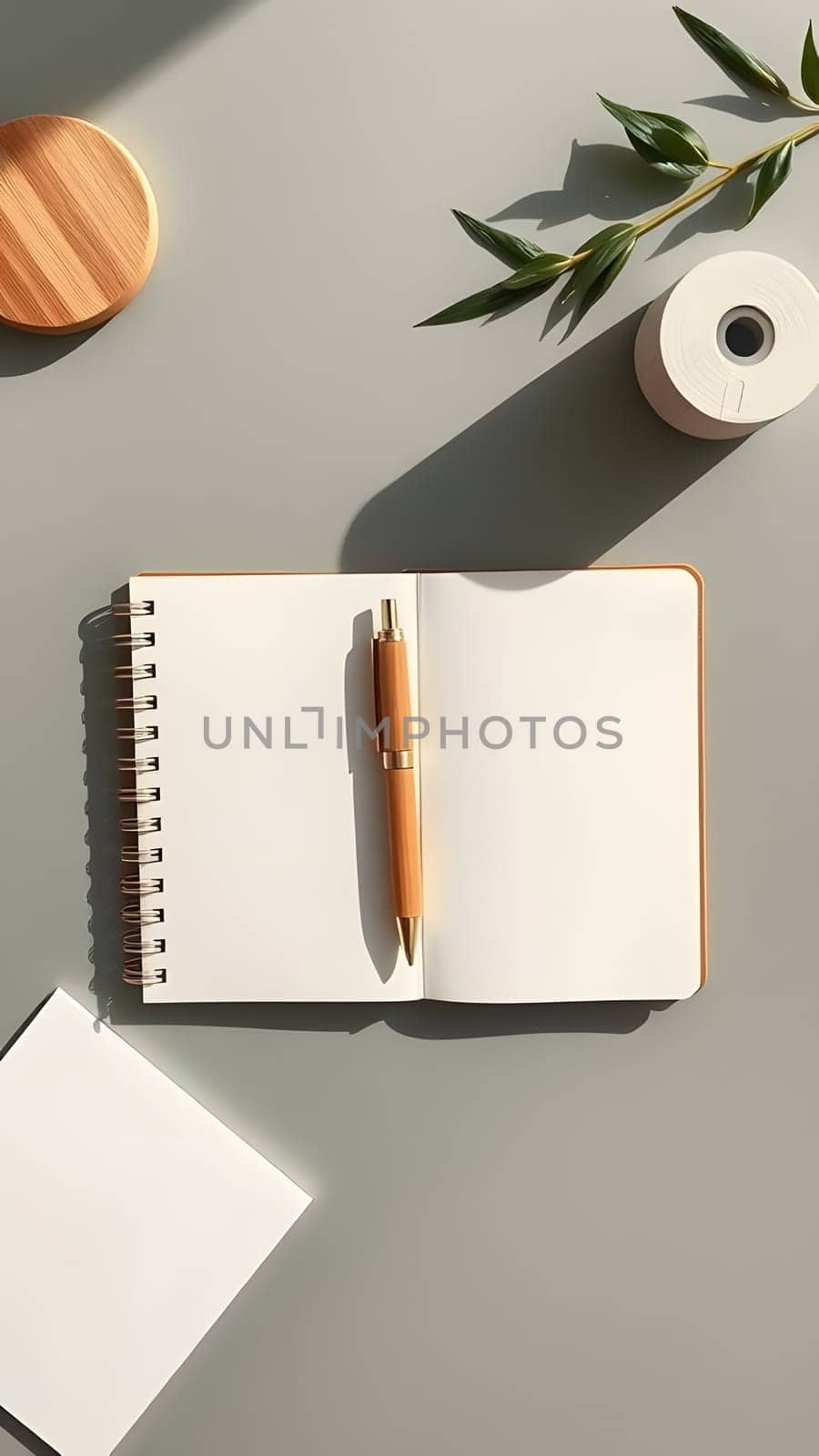 A blank notebook lies open on a clean surface, accompanied by a pen and decorative elements like a wooden coaster and a small plant, ready for creative writing or planning.