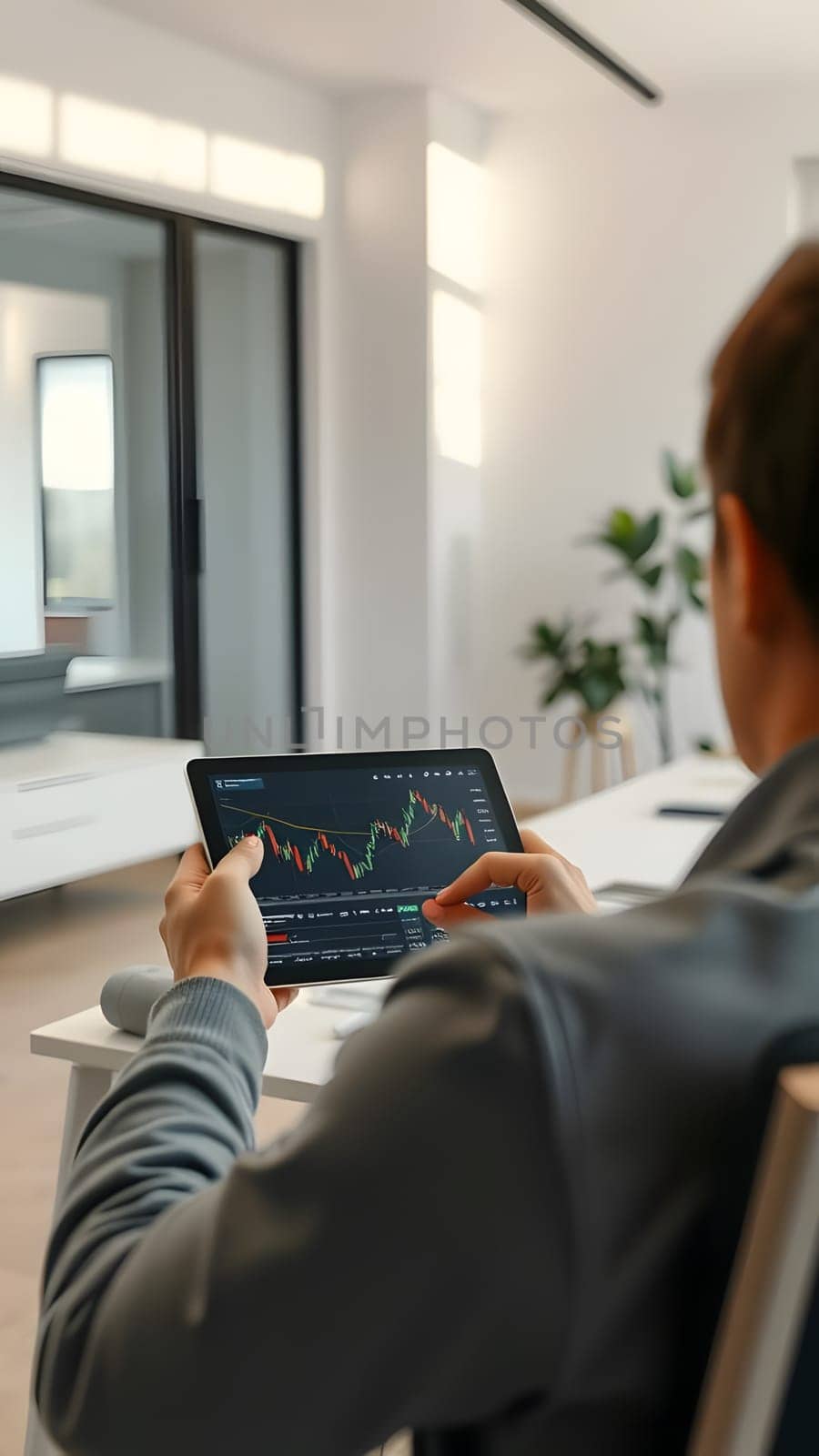 A person is sitting at a desk in a contemporary office, using a tablet to analyze stock market trends. The bright room features greenery and large windows providing natural light.