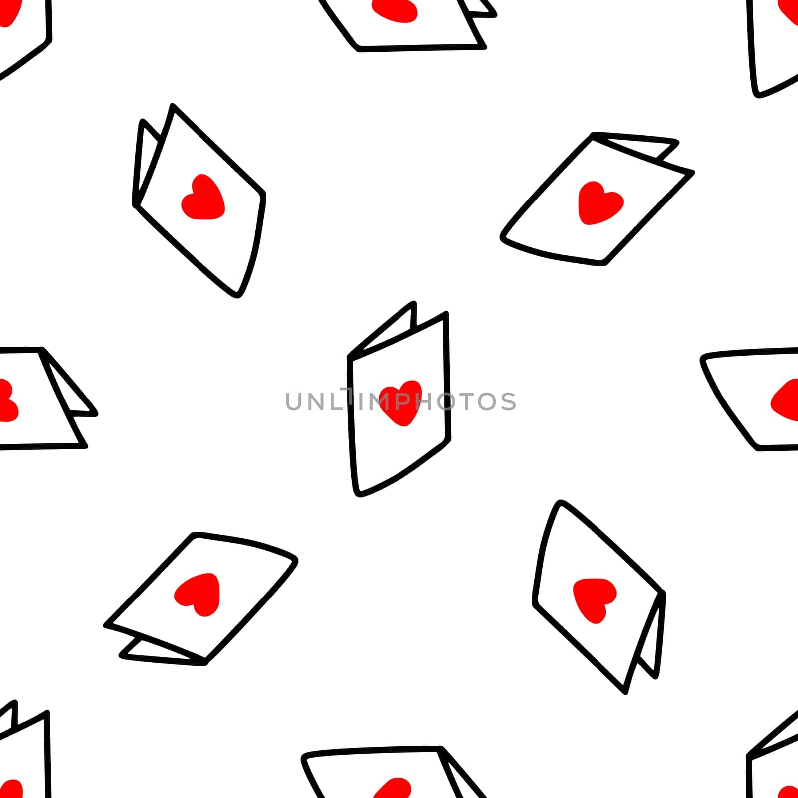 Seamless pattern with postcards with hearts illustration in doodle style. Design for Valentines Day