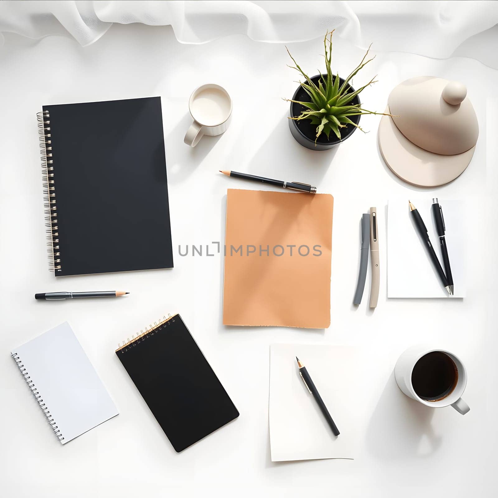 A tidy workspace features various notebooks, pens, a cup of coffee, and a small plant. The setup includes white and black note pads, highlighting a creative environment for work or study.