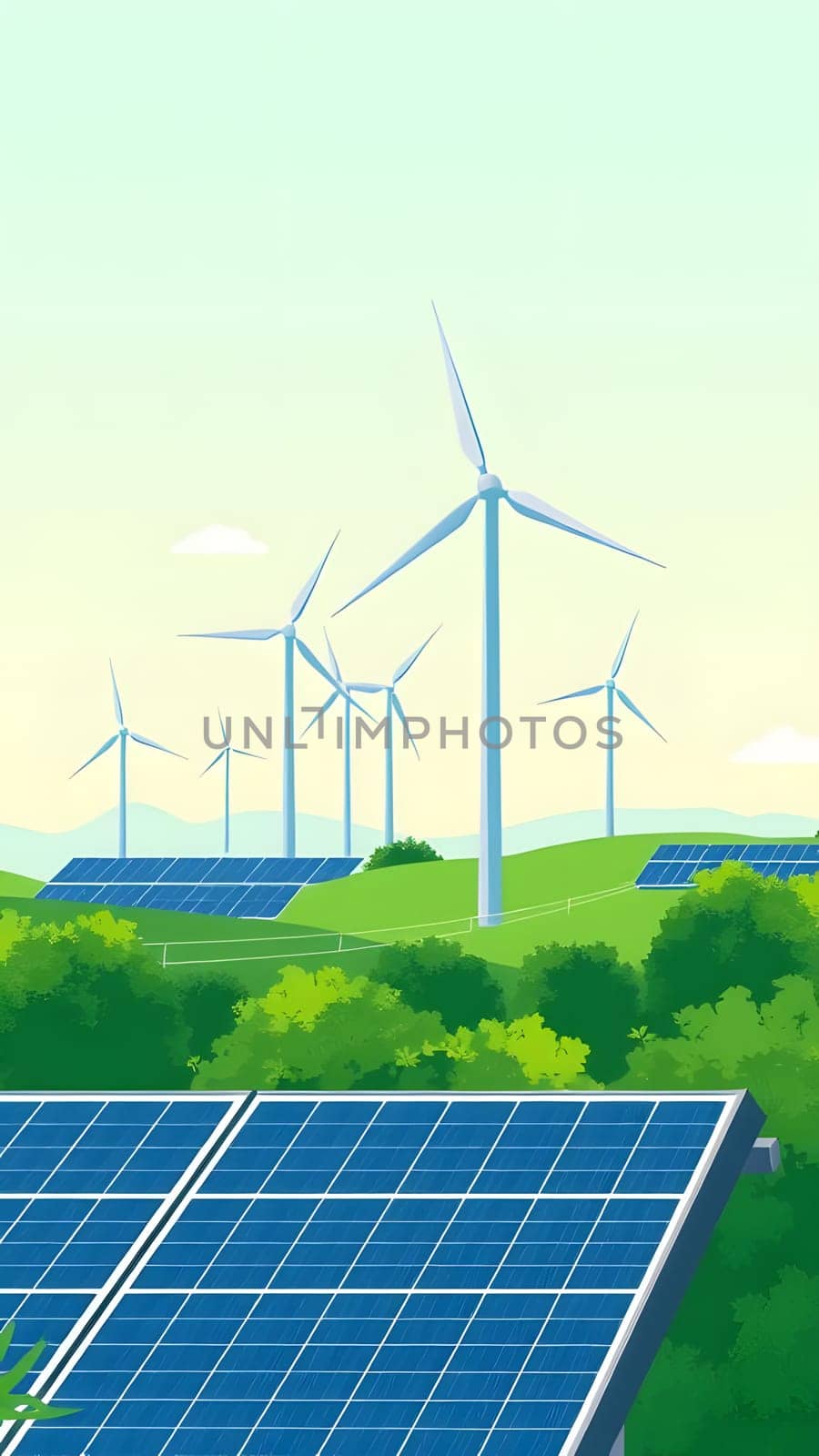 A landscape featuring rows of solar panels in the foreground and several wind turbines in the background, set against a lush green hillside under a bright sky