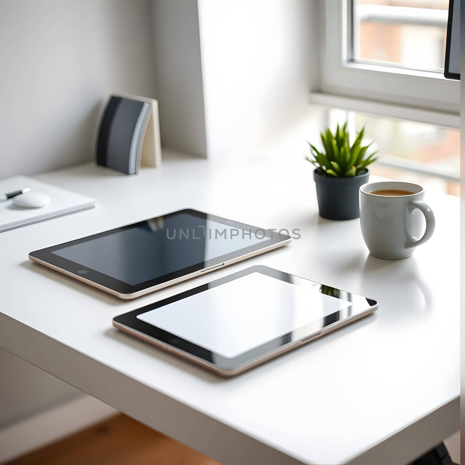 A clean desk features two tablets, a coffee cup, and a small potted plant under natural light from a window. The setup promotes productivity and a calming atmosphere.