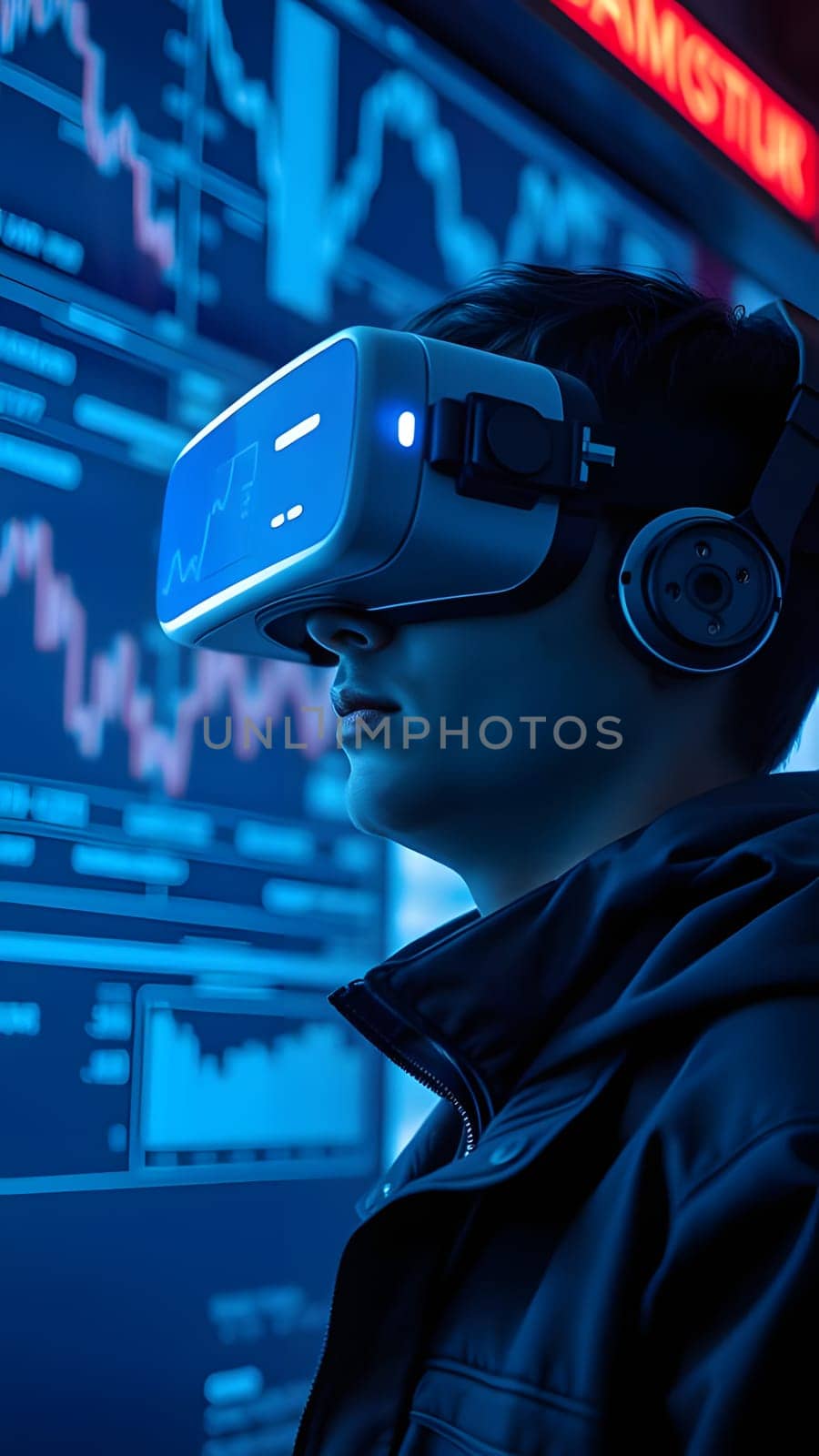 A user engages with a virtual reality headset, analyzing dynamic financial charts on screen. The environment features a blue hue, reflecting the technology and focus on data analysis.