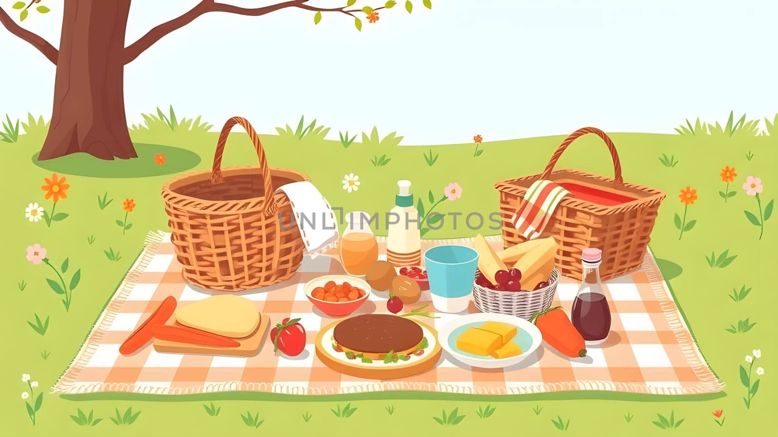 A vibrant picnic setting is laid out on a checkered blanket, featuring an array of delicious foods and refreshing drinks, surrounded by greenery and blooming flowers under a tree.