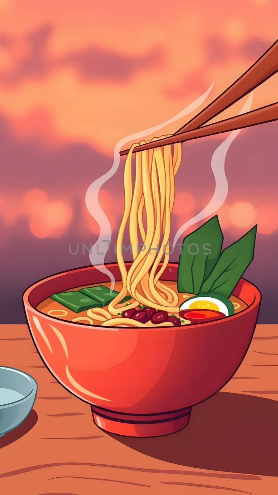 A vibrant bowl of steaming noodles is served with greens and a slice of egg. The warm colors of the sunset add to the inviting atmosphere of the scene.