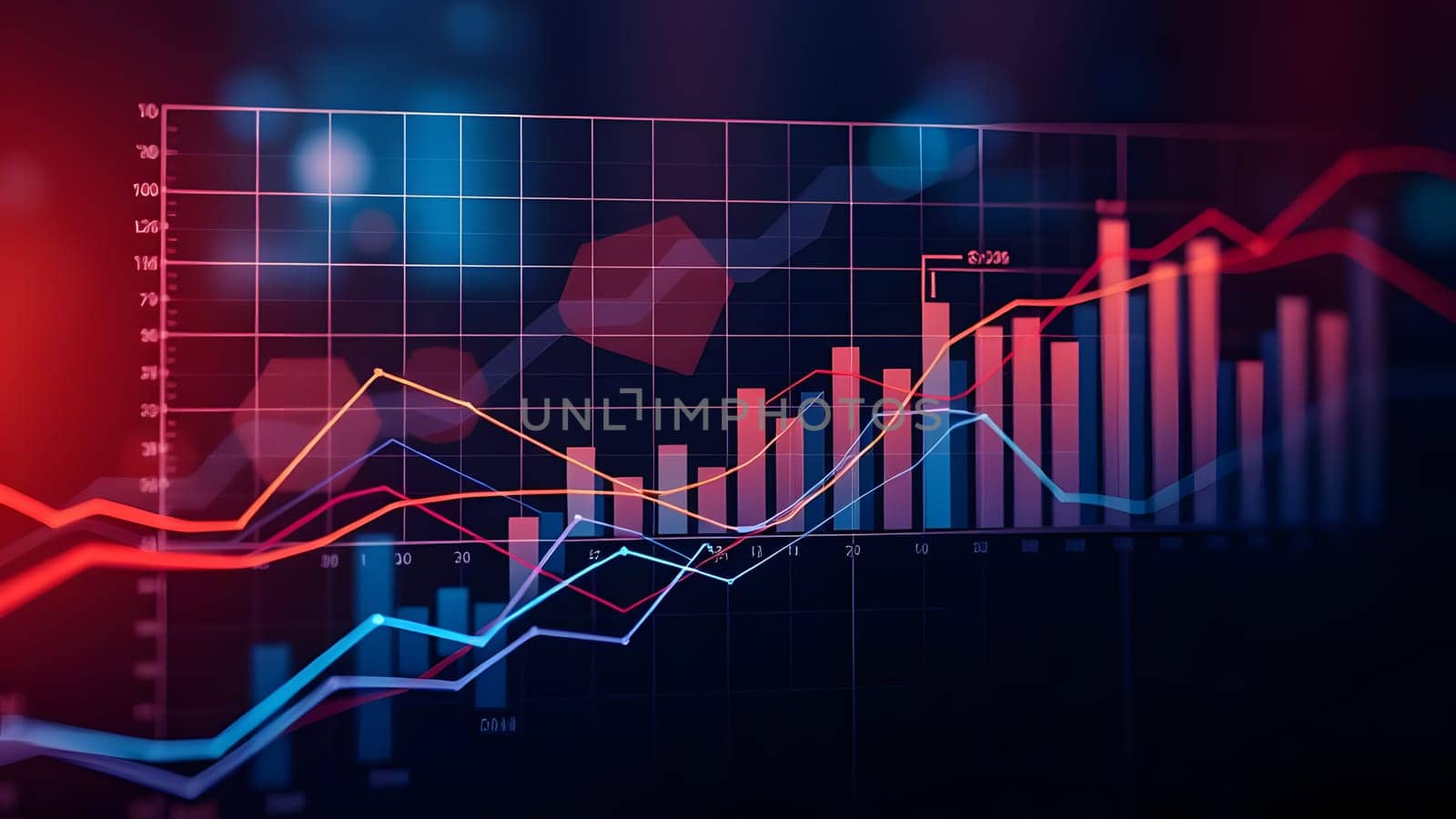 Dynamic financial statistics display featuring line graphs and bar charts. The vibrant colors illustrate market trends and data fluctuations in a dark, engaging environment.