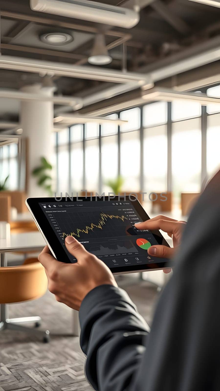 A person is analyzing financial data on a tablet while standing in a contemporary office. The bright room features large windows, modern furniture, and a busy atmosphere at midday.