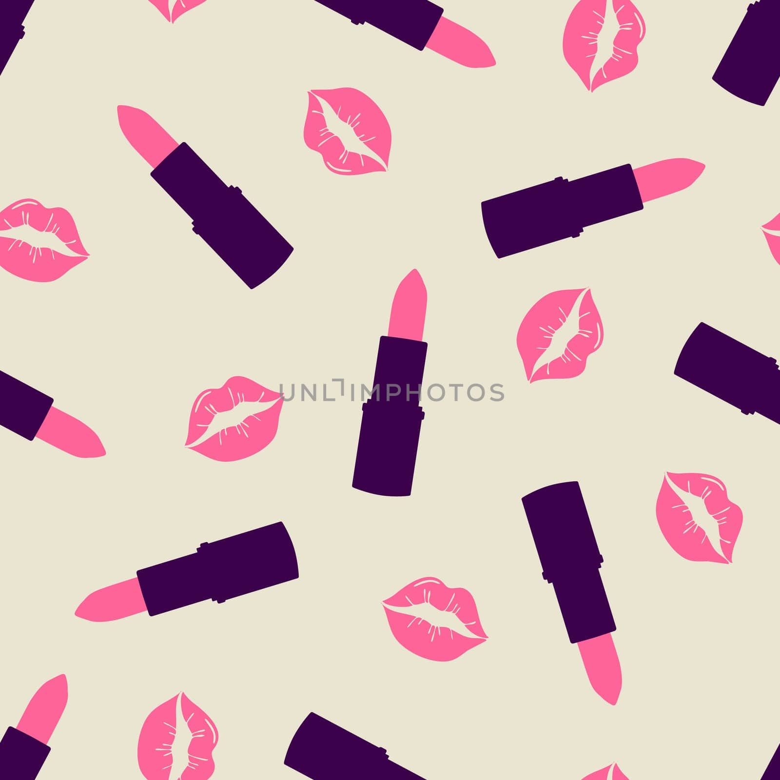 Glamorous fashion seamless pattern with lipstick and kisses. Cosmetic seamless pattern in modern trendy colors. Design for beauty, advertising, Valentines Day illustration