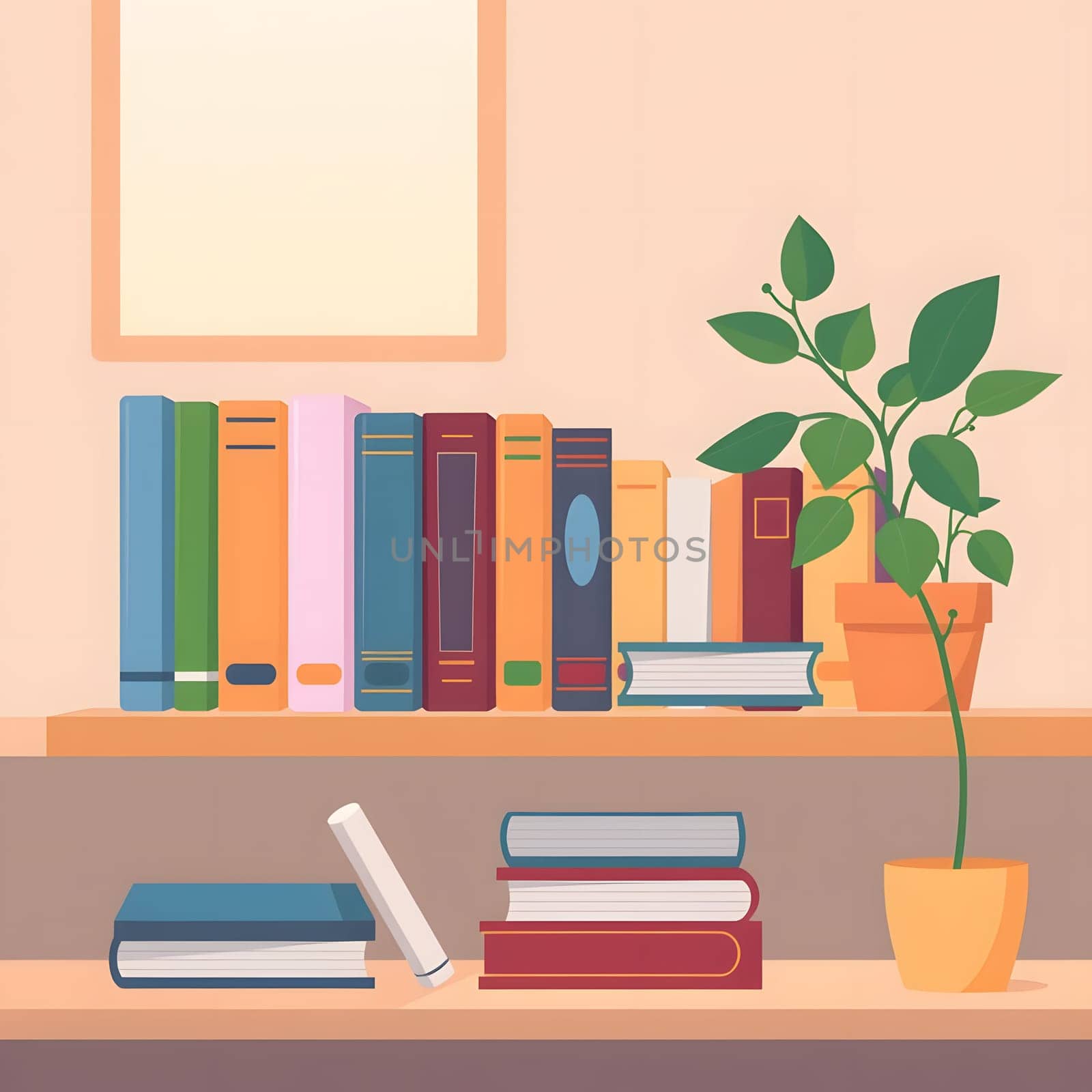 A well-organized bookshelf filled with various colorful books sits beside a leafy plant in a bright indoor space, creating a warm and inviting atmosphere for reading.