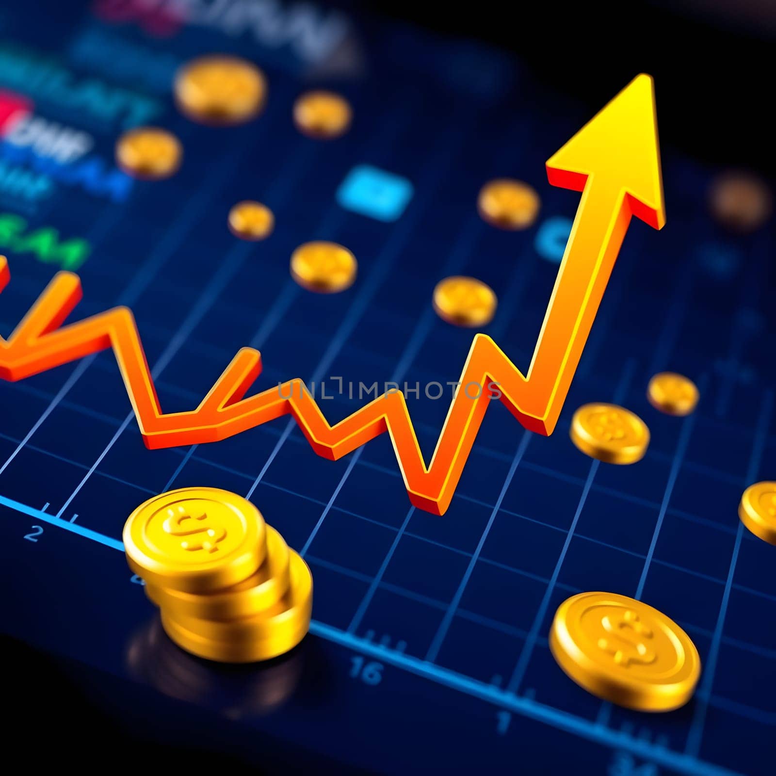 A vibrant upward trend on a stock market graph displays increasing values, surrounded by golden currency coins, illustrating financial growth and investment opportunities.