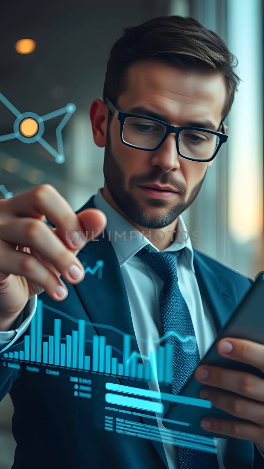 A business professional dressed in a suit examines data trends displayed on a tablet. The background shows a contemporary office setting with natural light streaming through the windows.