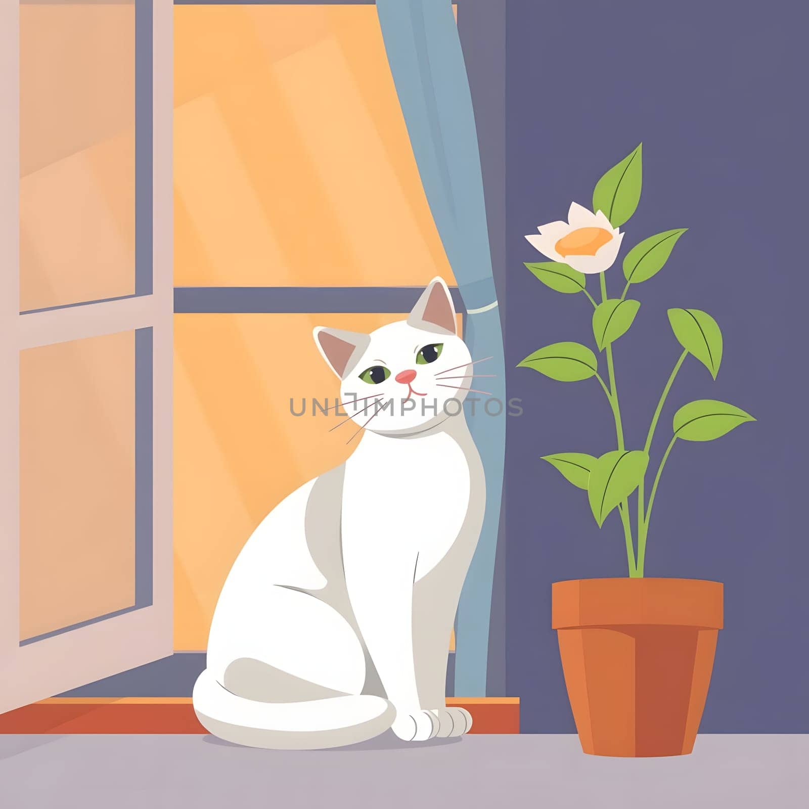 A white cat sits gracefully beside a potted flower, enjoying the warmth of sunlight streaming through an open window, creating a cheerful atmosphere in the cozy room.