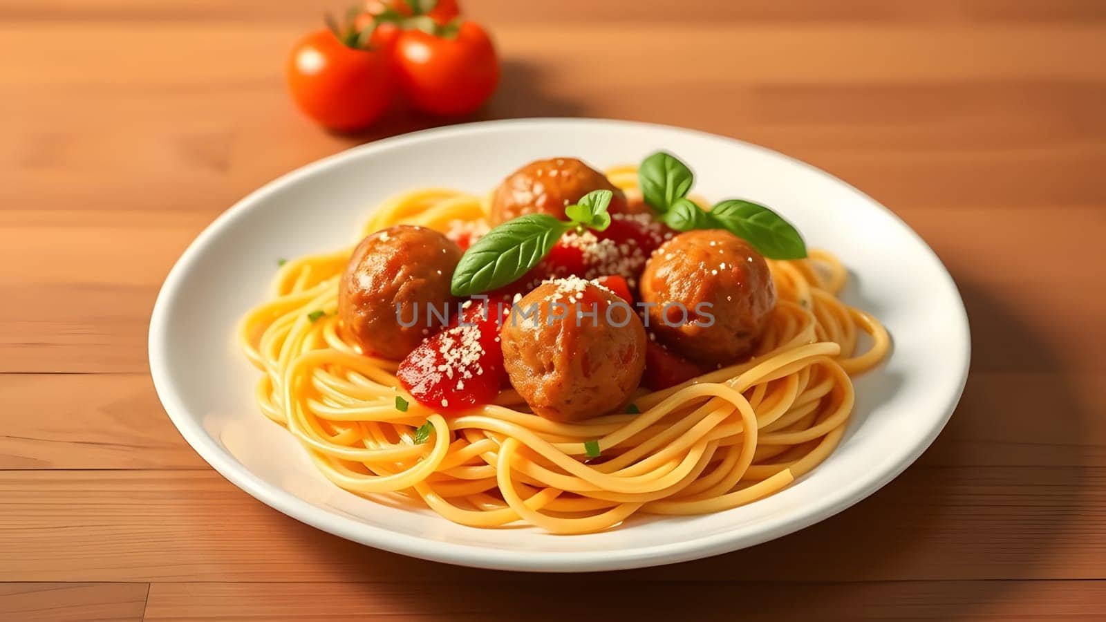 A plate of spaghetti topped with savory meatballs, marinara sauce, and fresh basil leaves is presented on a wooden table. Juicy tomatoes are in the background, enhancing the meals freshness.