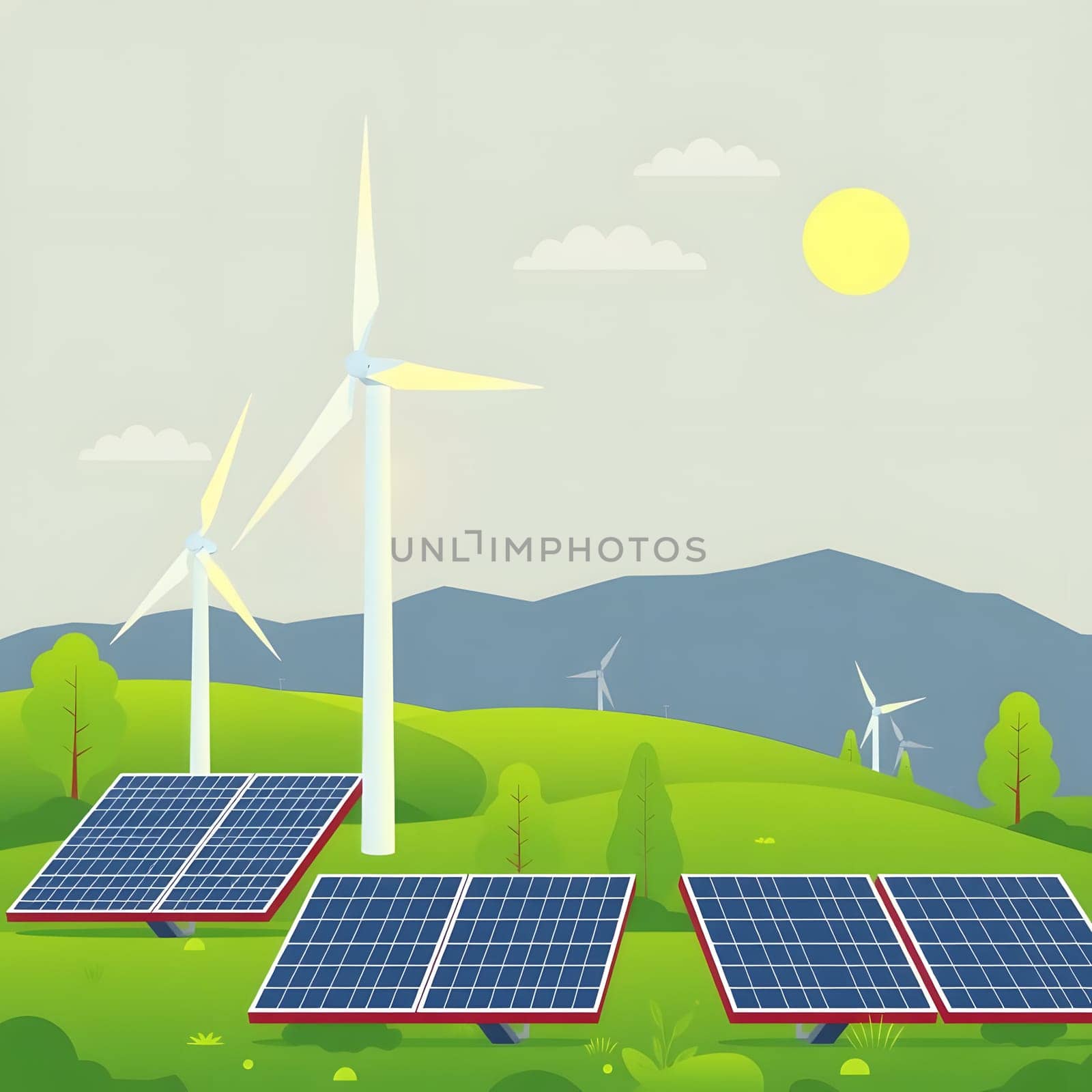 This vibrant landscape features wind turbines rotating in the breeze alongside solar panels set against rolling hills and a bright sun, showcasing clean energy production.