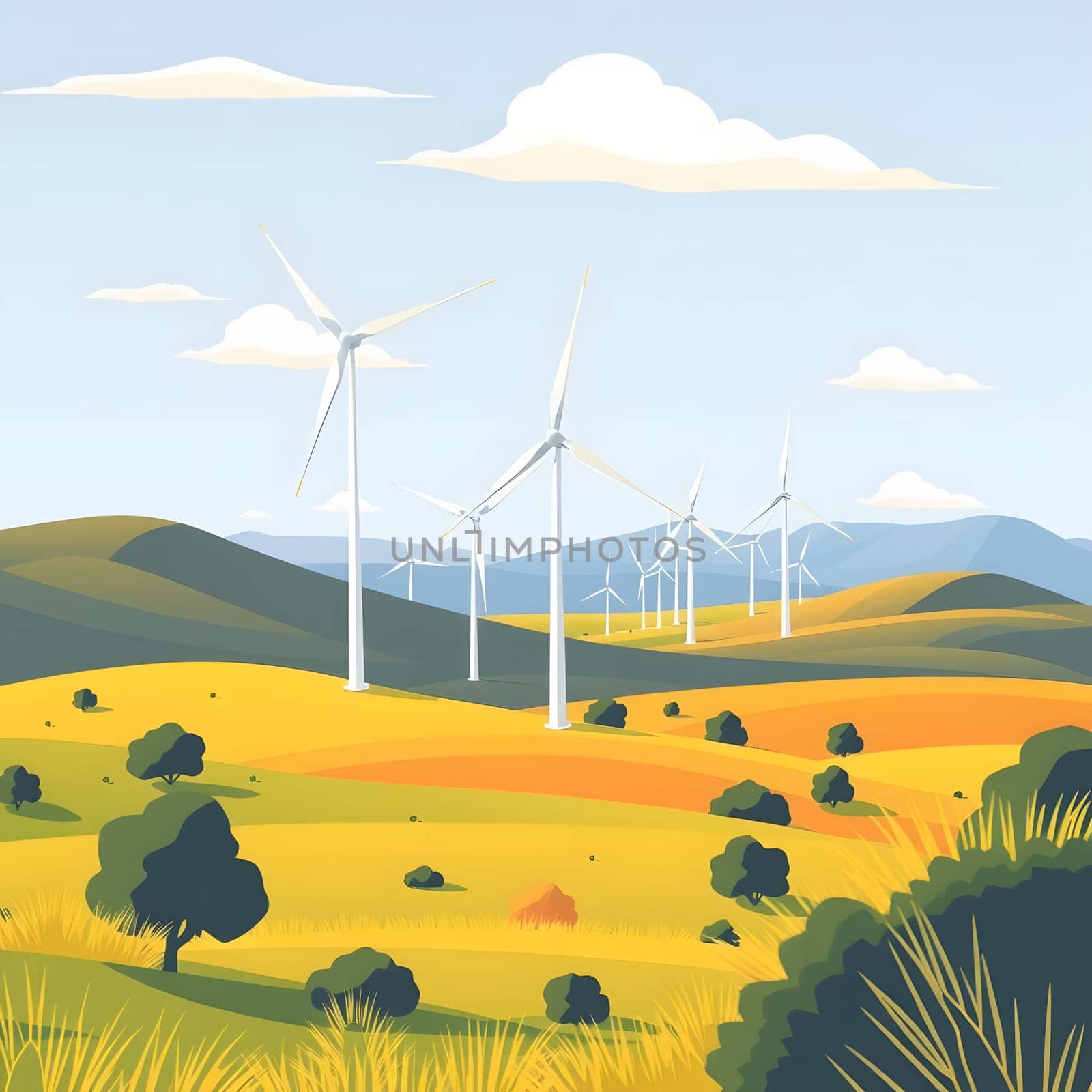 In a picturesque landscape, numerous wind turbines stand tall on rolling hills, surrounded by vibrant green and yellow fields. The scene is illuminated by a bright, clear sky.
