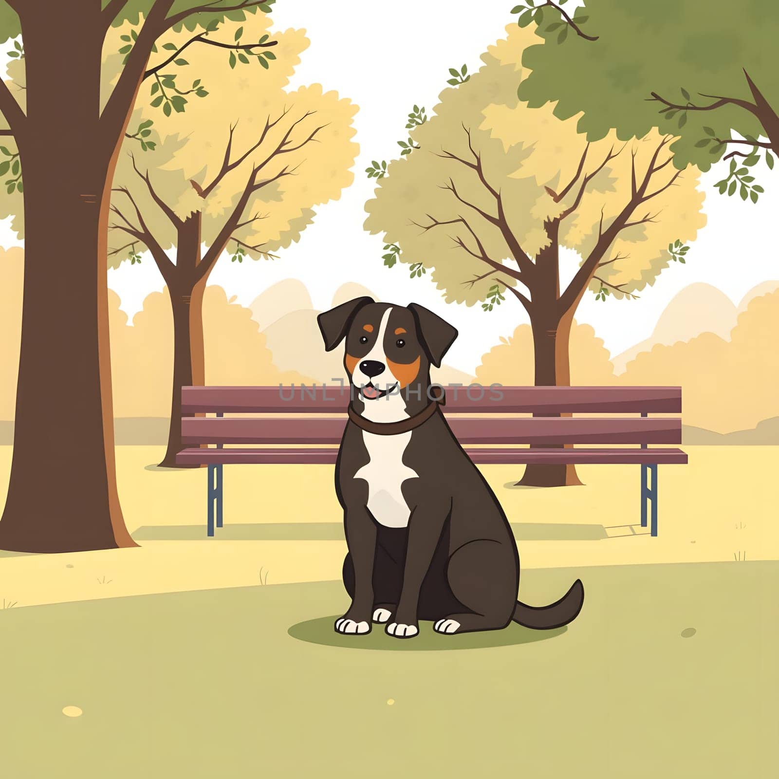 A cheerful dog sits in a grassy area of a park, surrounded by beautiful trees with autumn foliage, with benches visible in the background under a clear blue sky.