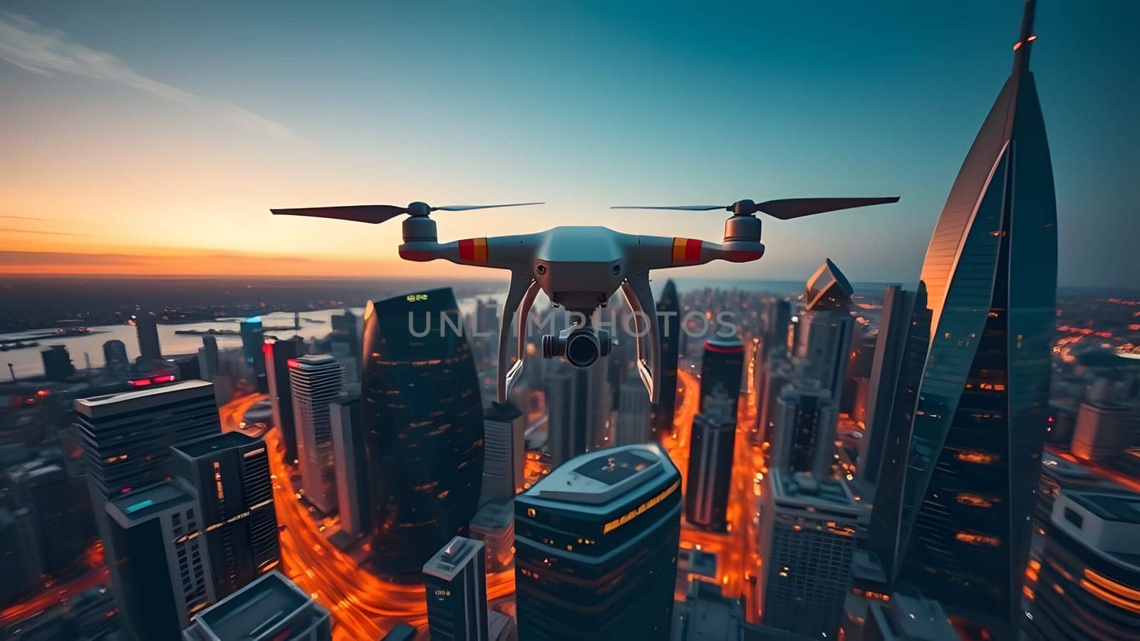 A drone hovers high above a bustling city, capturing the skyline adorned with illuminated buildings as the sun sets, creating a beautiful blend of colors in the sky.