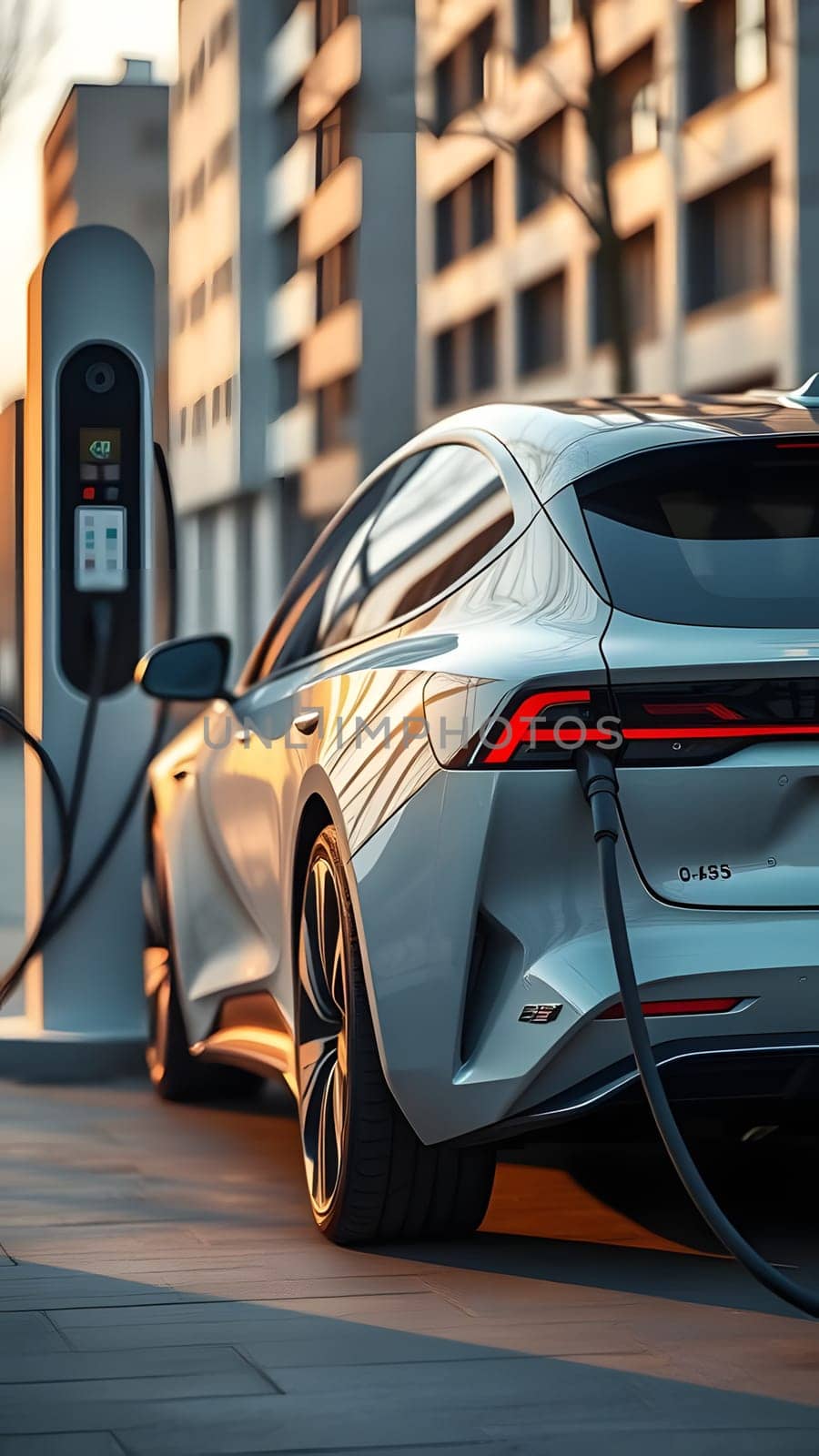 A sleek electric car is plugged into a charging station on an urban street as the sun sets, casting warm light on its design and nearby modern architecture.