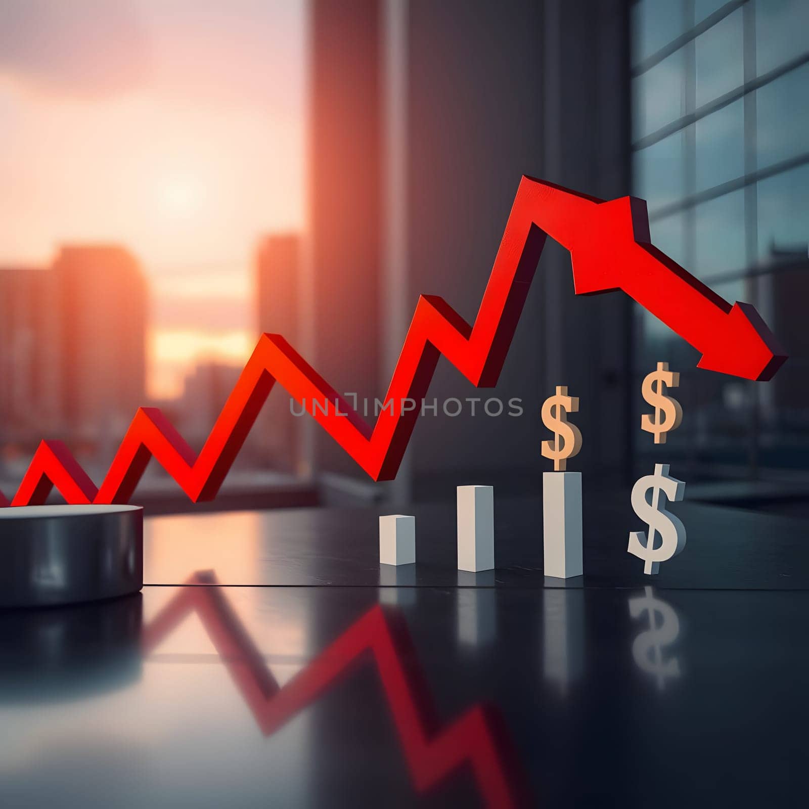 A striking red line chart indicates a financial downturn, with dollar symbols displayed prominently against a modern urban skyline as the sun sets in the background.