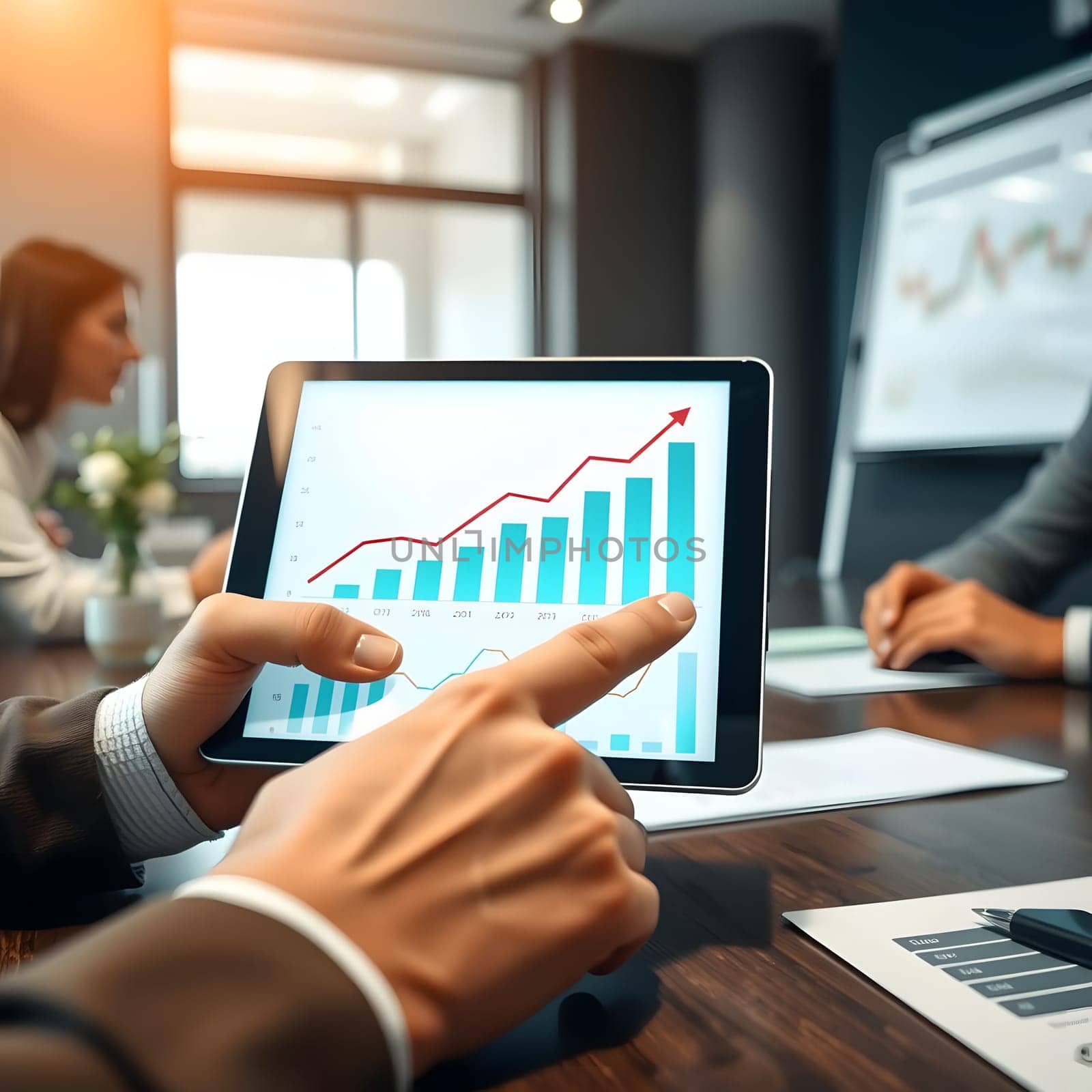 During a business meeting, an individual points at growth trends on a tablet while colleagues discuss strategies in a modern office environment, emphasizing teamwork and data analysis.