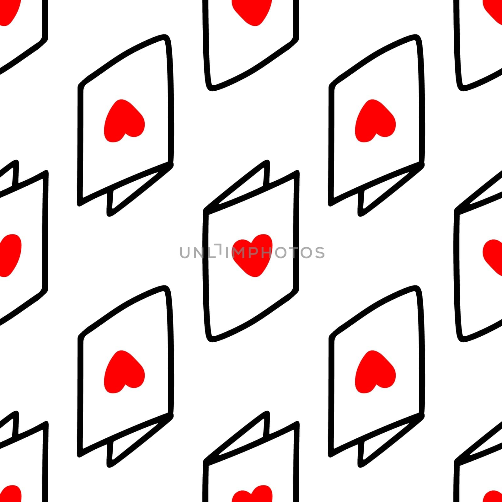 Seamless pattern with postcards with hearts illustration in doodle style. Design for Valentines Day