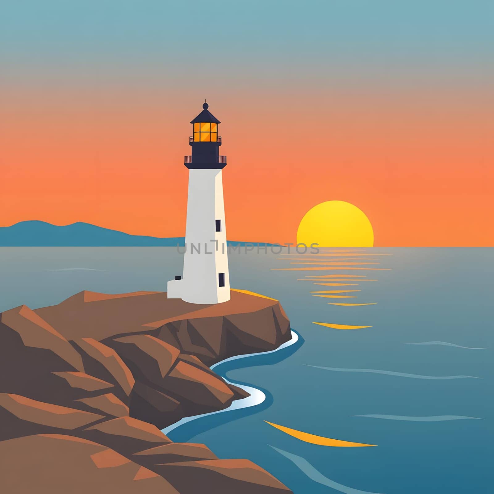 A lighthouse stands on rocky shores as the sun sets on the horizon, casting a warm glow across the calm ocean waters and highlighting the distant mountain range.