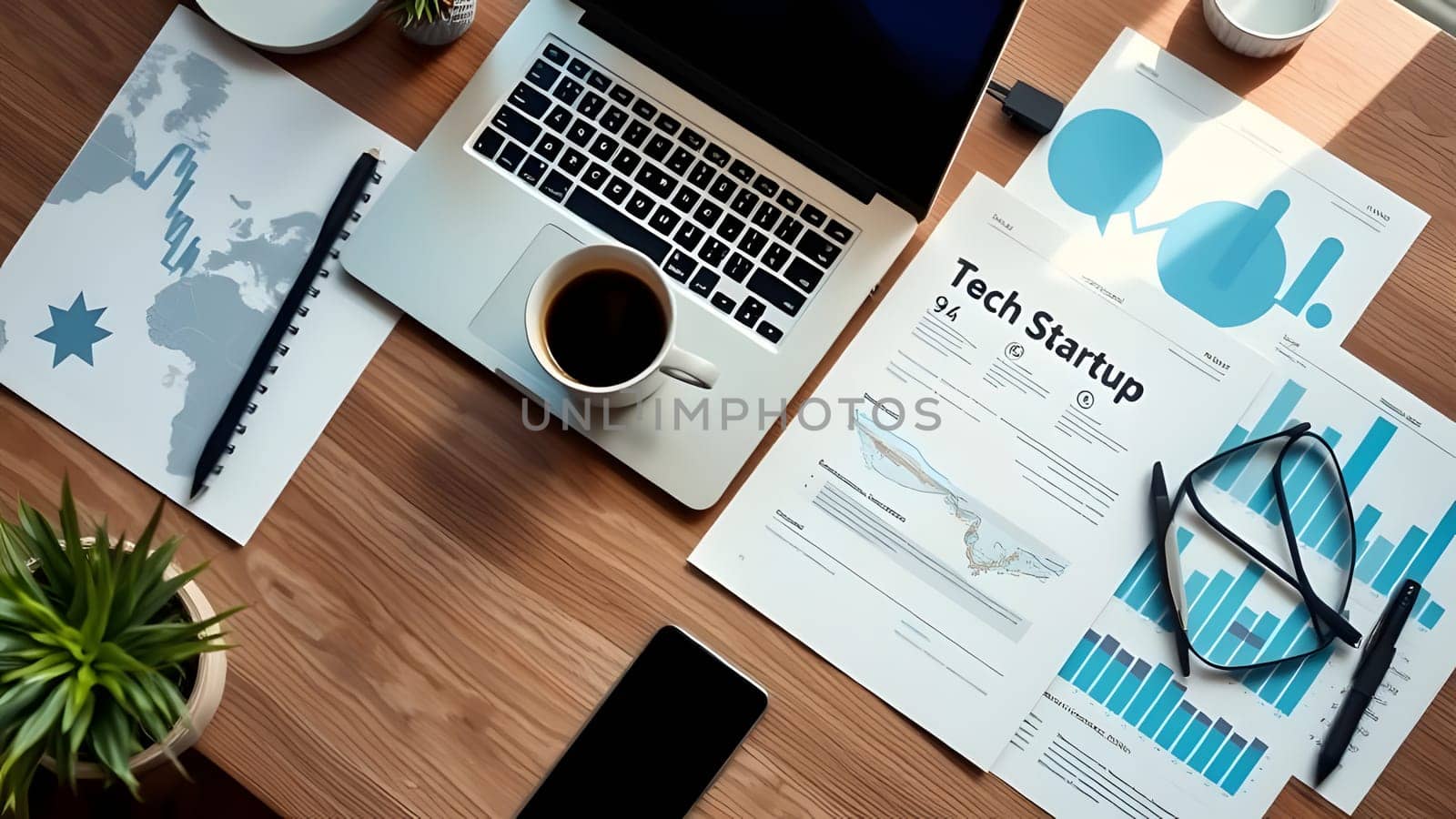 A well-organized workspace features a laptop, various business documents, a coffee cup, and a smartphone. Charts and maps suggest planning and analysis for a tech startup.